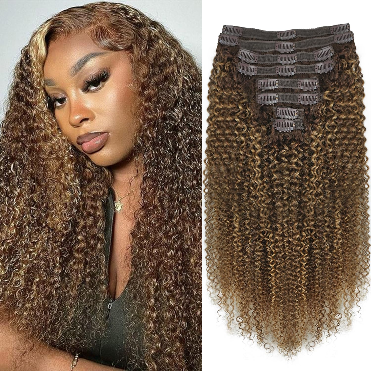 Kinky Curly Clip in Hair Extensions Real Human Hair 4/27/4 Omber Kinky Curly Clip ins For Women 3c 4a Brazilian Virgin Clip on Hair (24inch,#4/27/4)
