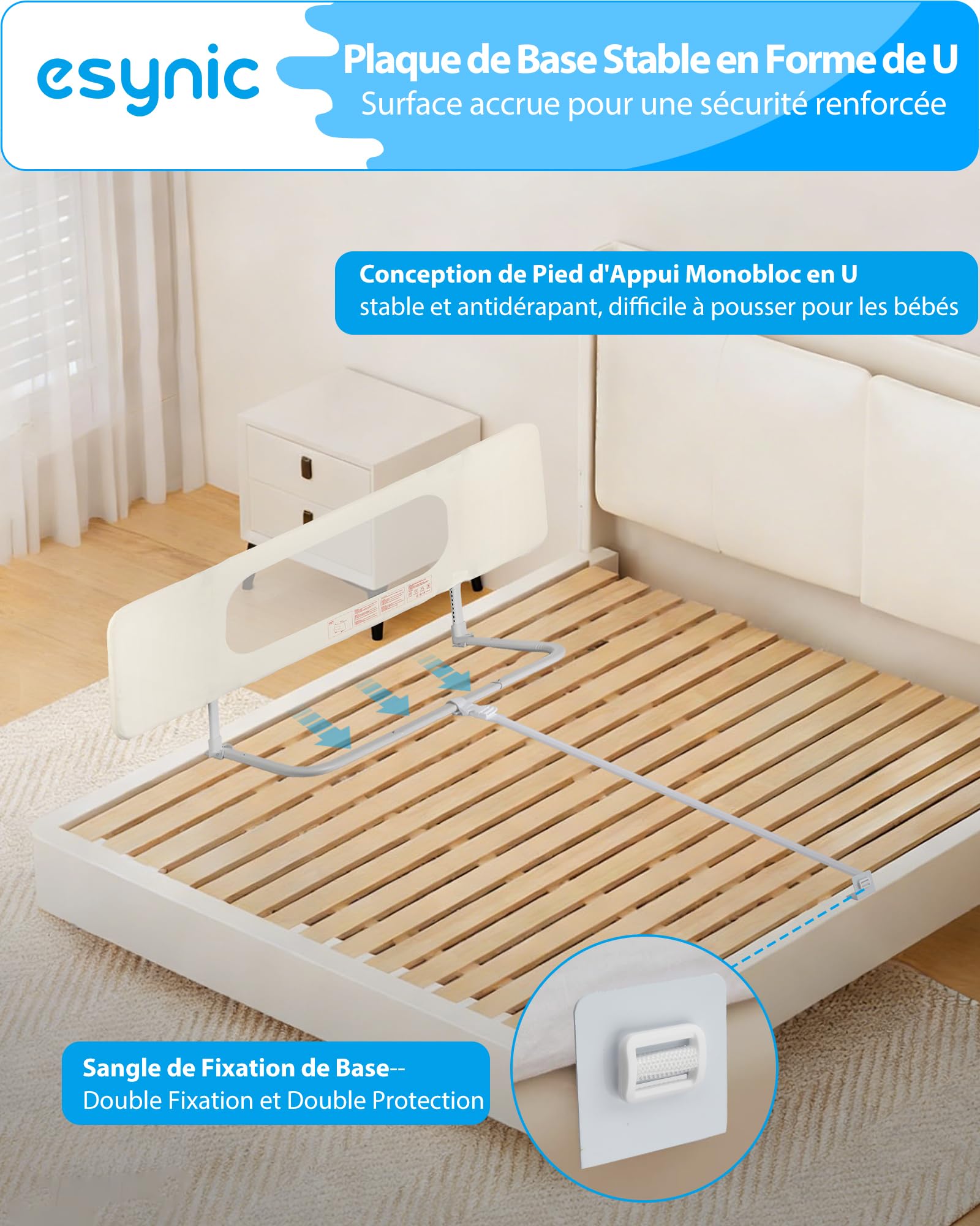 eSynic Barrière de Lit Enfant Pliable 150 x 41 cm Base en U Réglage en Hauteur Attache de Ceinture de Sécurité Barriere de Sécurité Lit Tissu Maillé Protection Anti-Collision avec Sac de Rangement