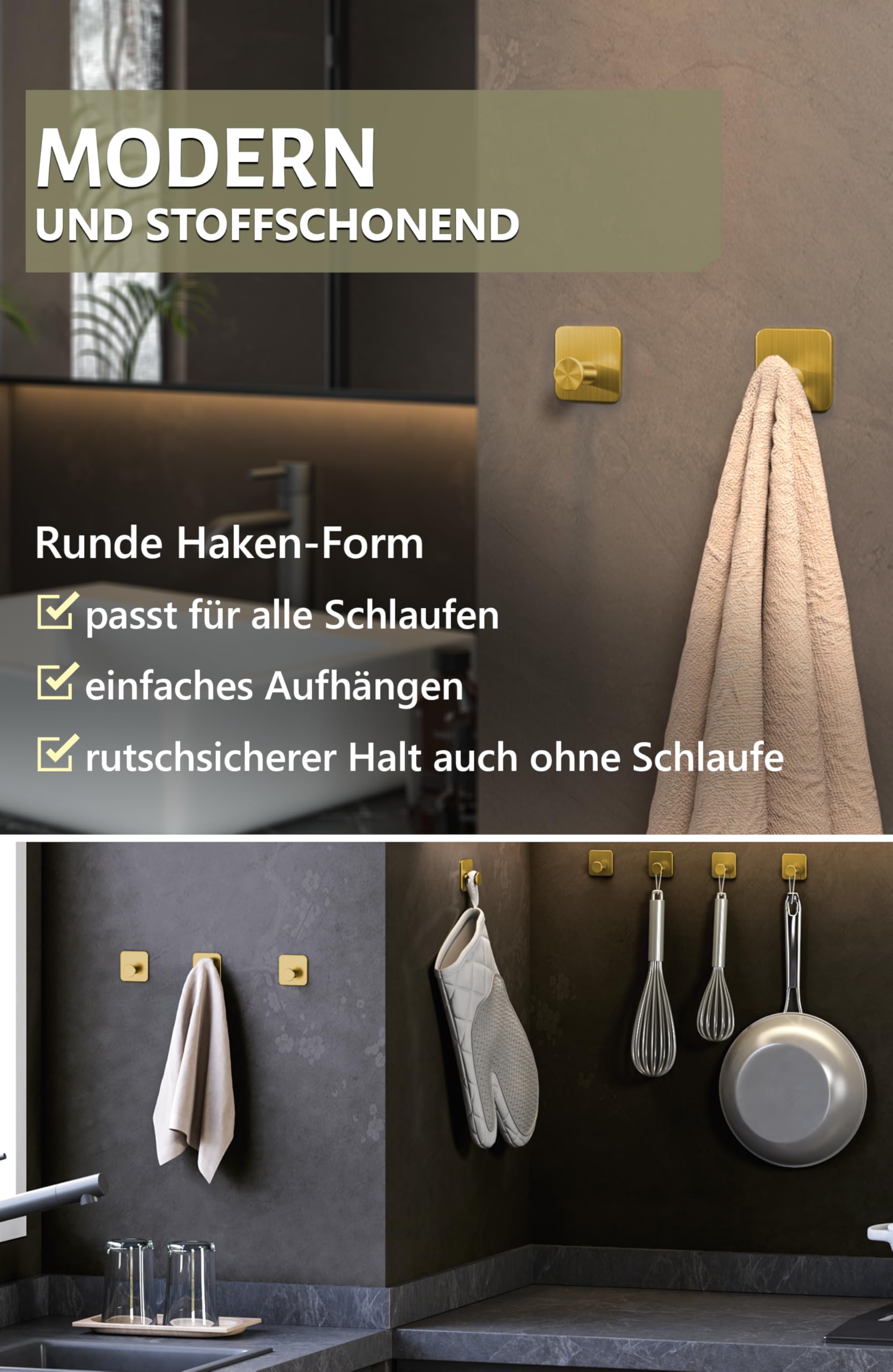 SHUNLI 4er-Set Handtuchhaken In Gebürstetem Gold – SUS304 Edelstahl, Moderne Quadratische Wandhaken Für Bad Und Küche