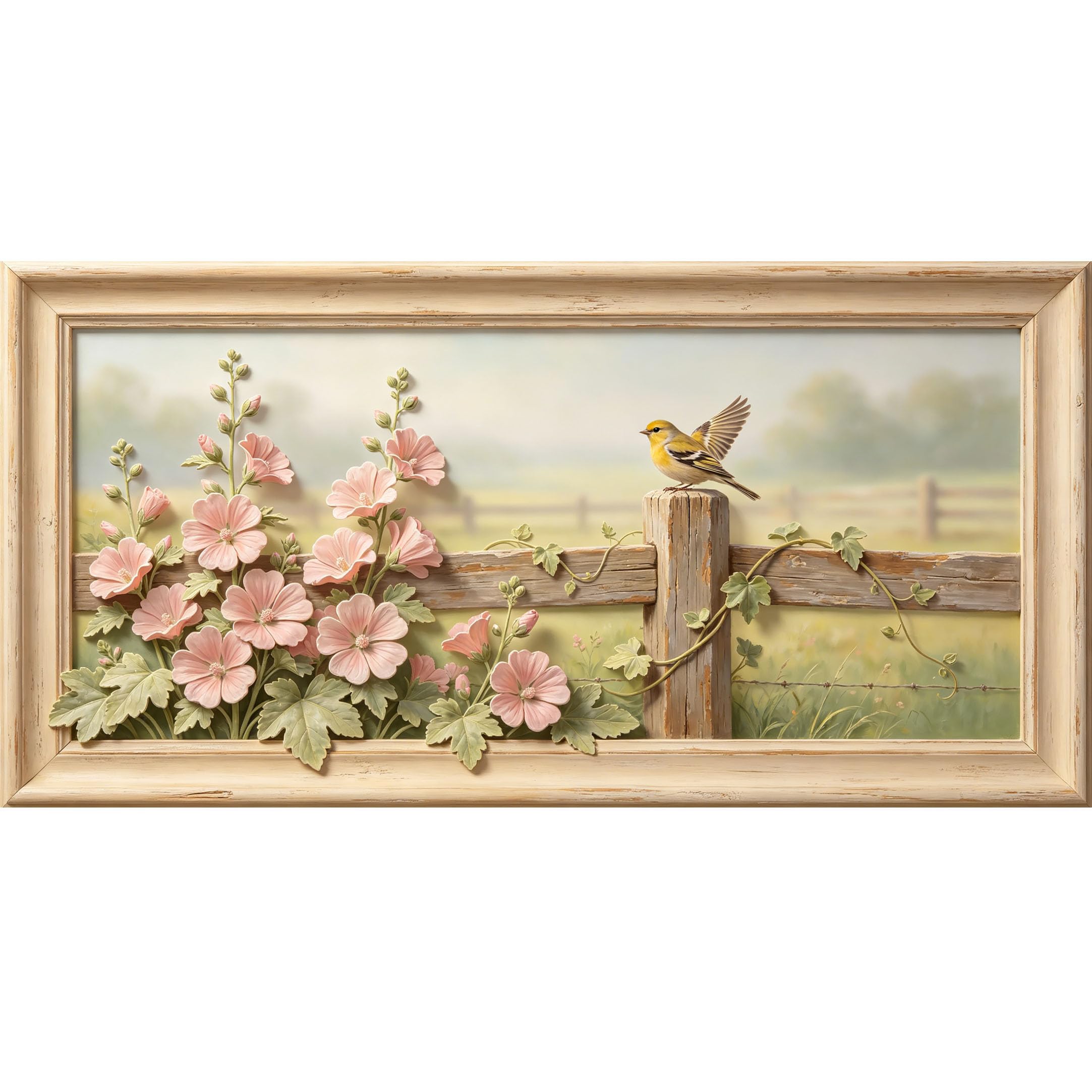 Agglomerix 3D Framed Wall Art Pink Flowers Bird on Wooden Fence Farmhouse Botanical Vintage Relief Effect Large Size Self-Adhesive Removable Wall Decor Prints Artwork for Living Room Bedroom Office