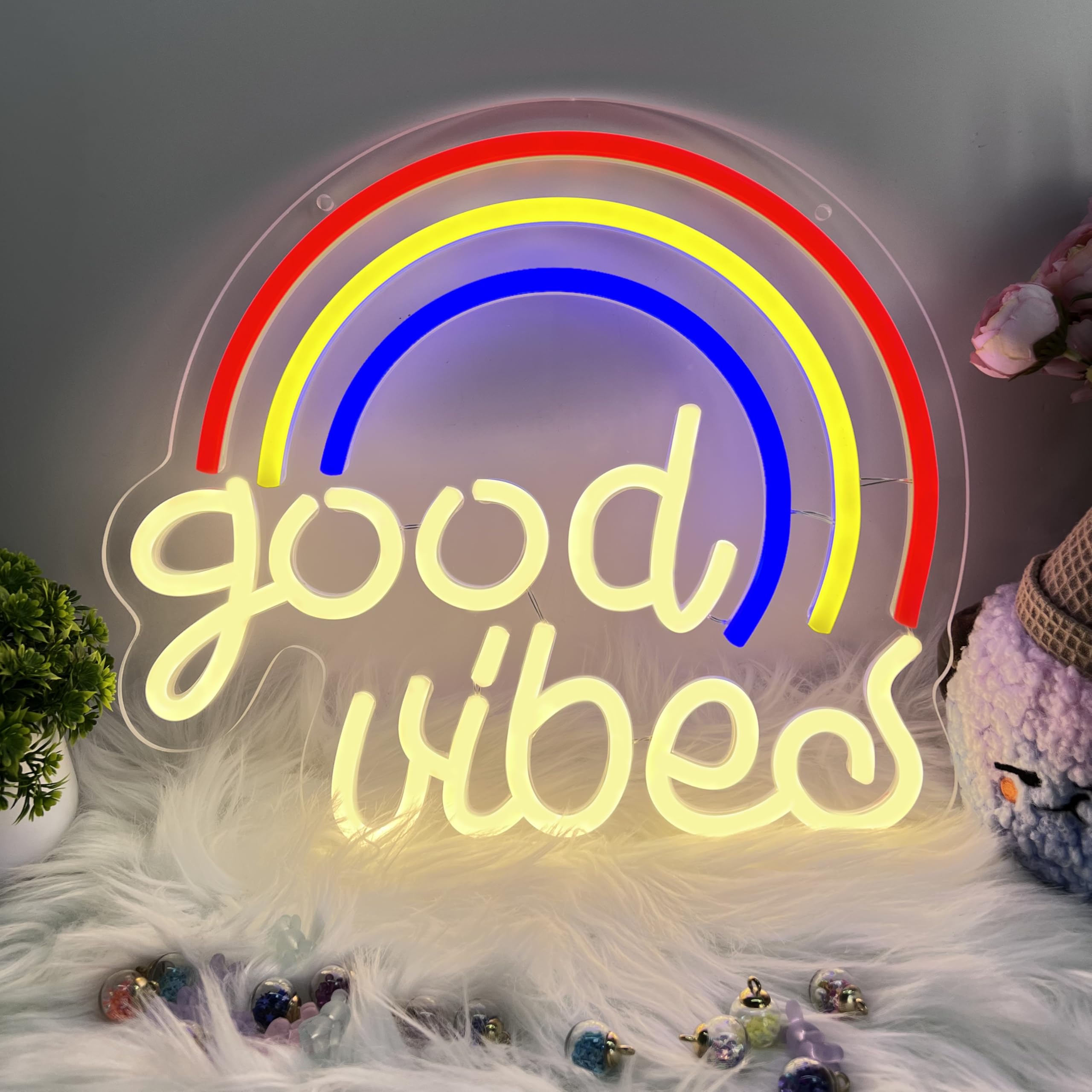 Rainbow GOOD VIBES Neon Sign - Multicolor Positive Vibes Light for Bedroom, Yoga Studio, Cafe, USB Dimmable, Shatterproof Wall Decor, Inspirational