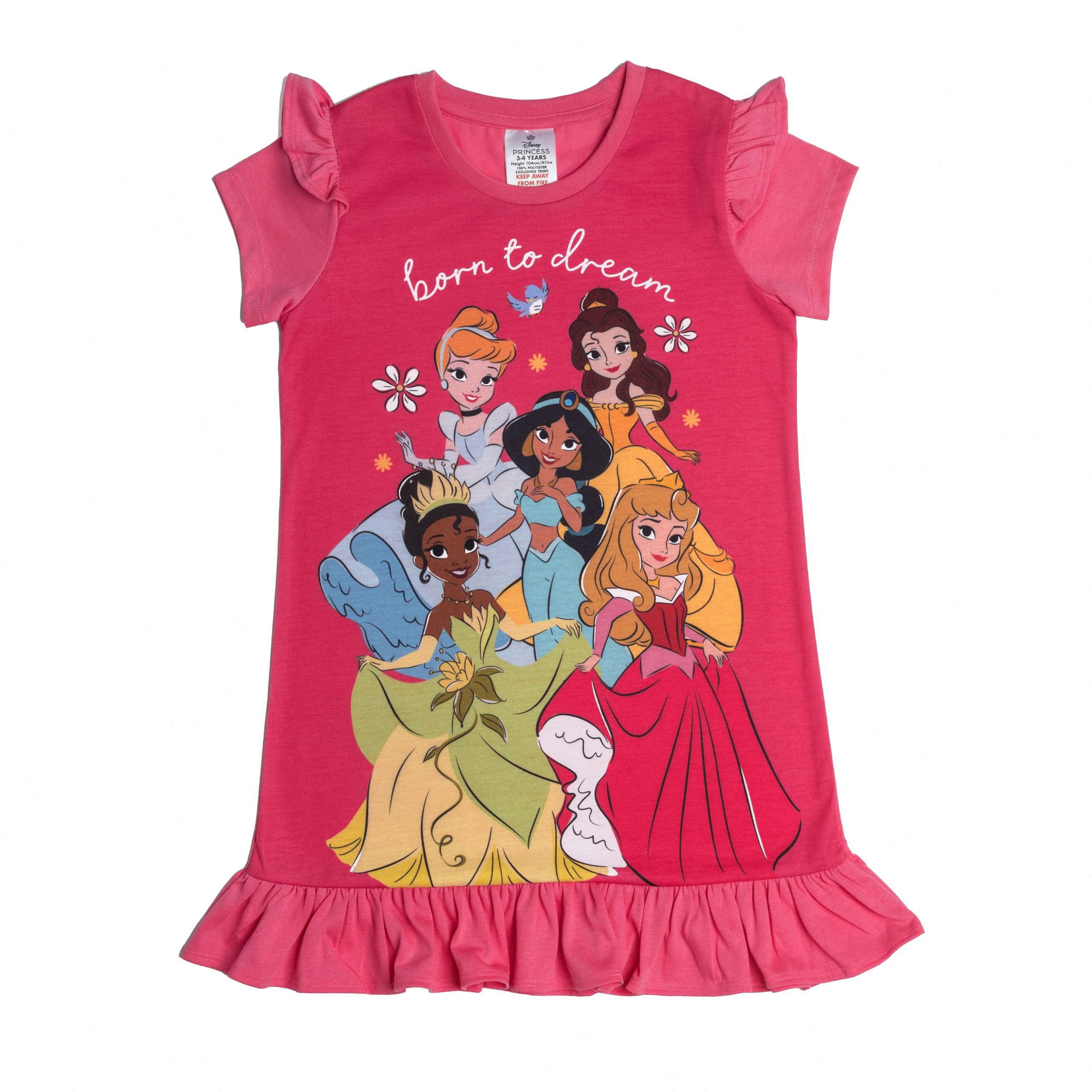 Disney Girls Princess Nightdress Frilly Cinderella Belle Tiana Jasmine Aurora Pyjamas Nightie 2-3 Years Pink
