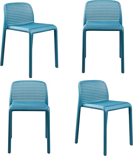 CozyBlock Punch - Silla de comedor apilable perforada para interior y exterior, juego de 4 (azul turquesa)