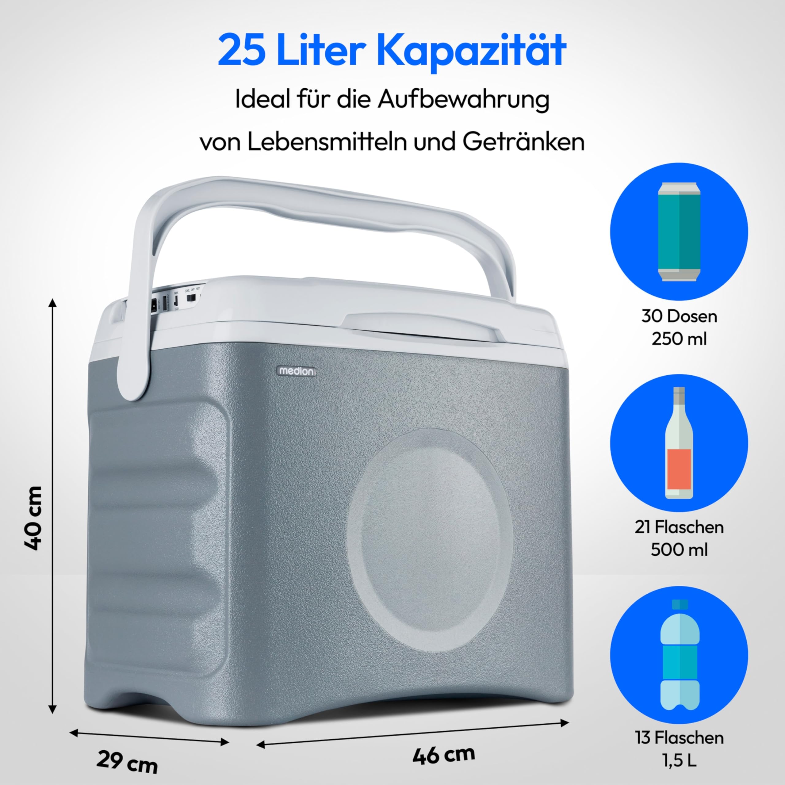 MEDION Thermoelektrische tragbare Kühlbox (25 Liter, Kühl- und Warmhaltefunktion, 12V Zigarettenanzünder 230V Netzanschluss USB - Stromversorgung, für Auto, Boot und Camping, MD10735) grau