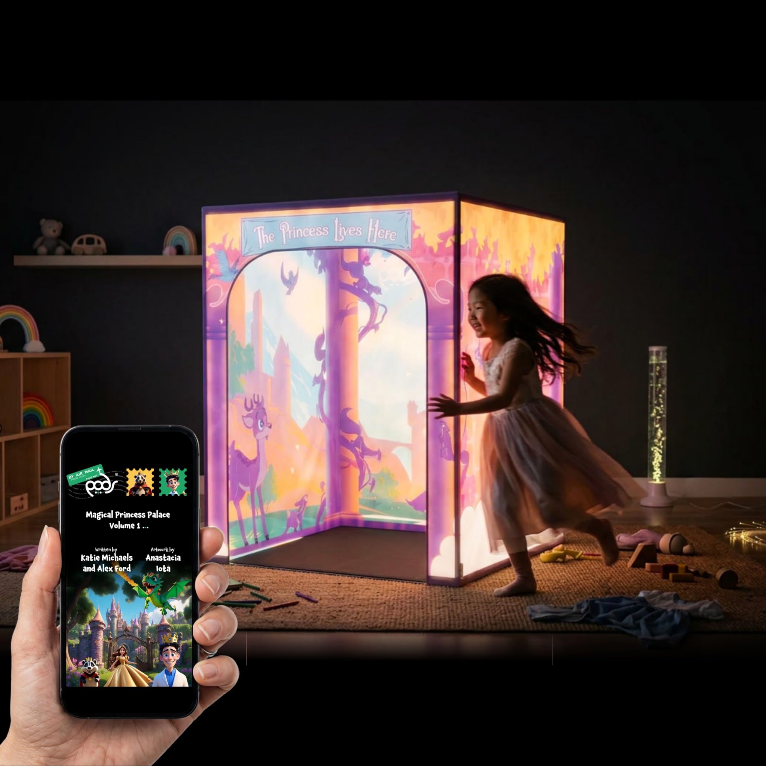 PODSgo Sensory Play Tent for Kids - Magical Princess Palace Adventure Theme with Lights, Memory Foam Play Mat & Mobile App, Interchangeable Full Adventure Jacket Premium Bundle โ image 1