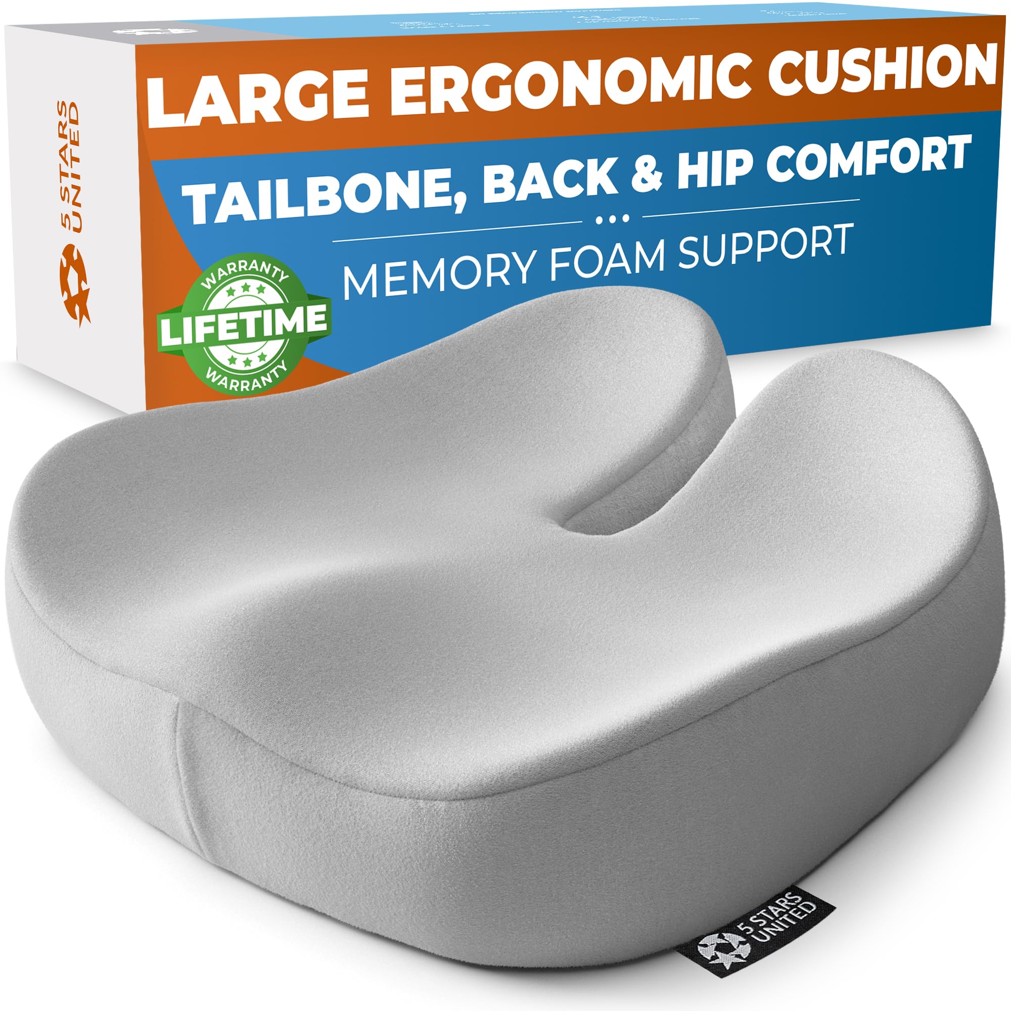 5 STARS UNITED Seat Cushion for Tailbone Pain Relief – Large Memory Foam Cushion for Coccyx, Hip, Sciatica & Post-Surgery Recovery – Wheelchair, Car,