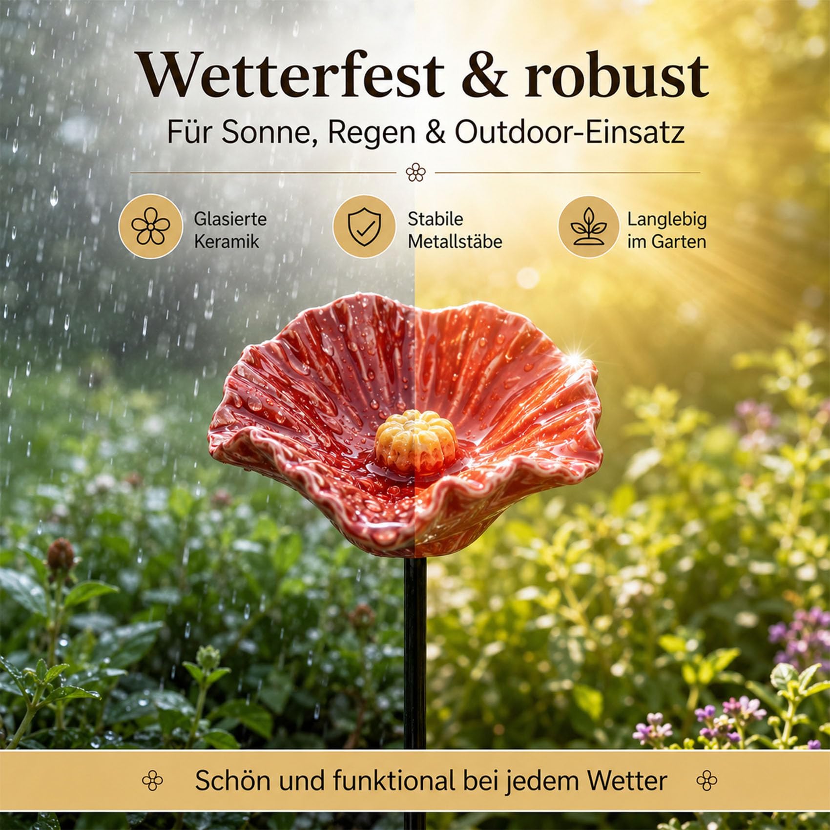 Bienentränke Keramik Blume 4/8/12 Stück, Bienenblüten Keramik als Insektentränke mit Stab, 27 cm Gartenstecker wetterfest für Garten, Balkon, Blumentopf & Deko (4 Blüten)
