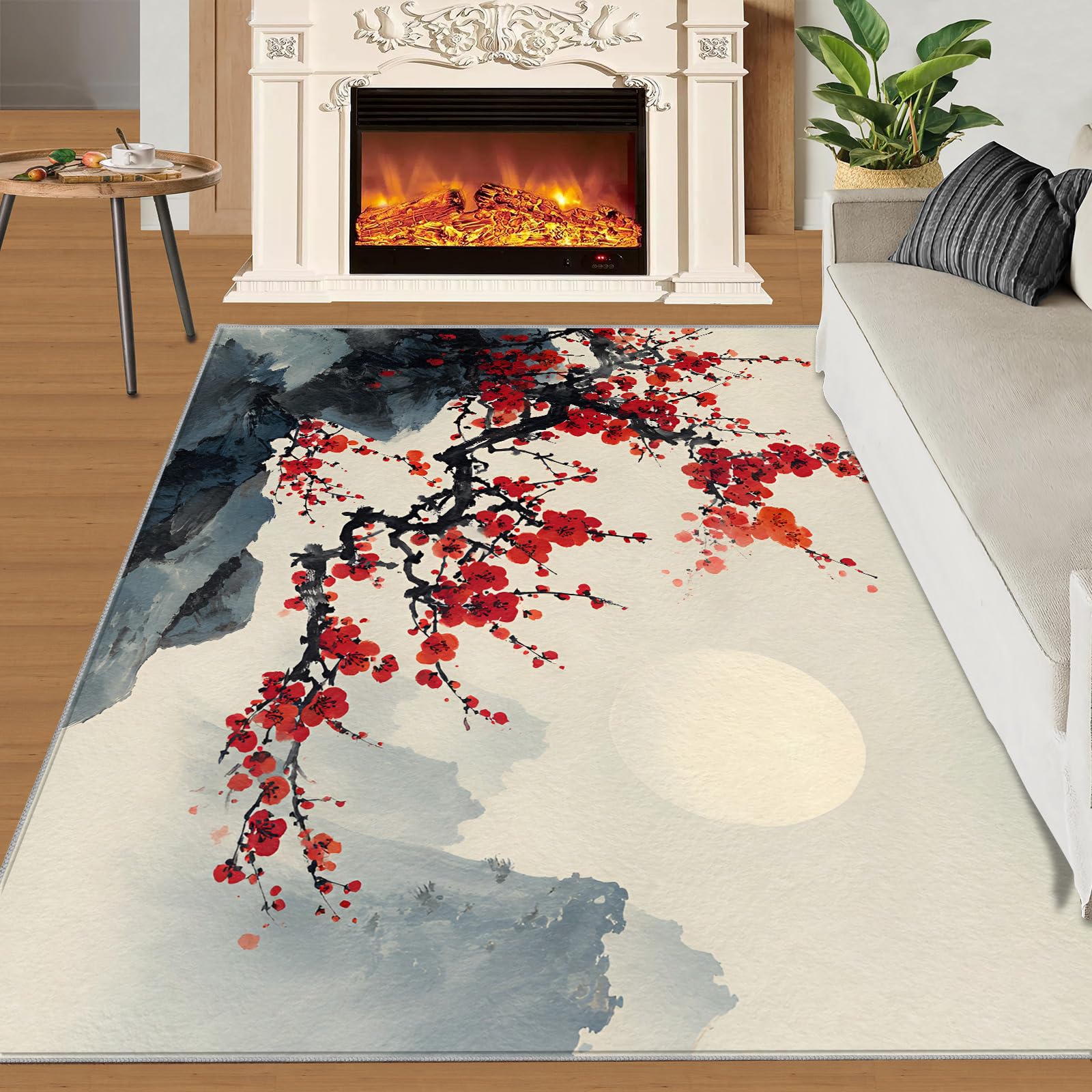 Générique Tapis Japonais Lavable Motif Floral Japonais Doux antidérapant pour Salon, Chambre à Coucher, Salle à Manger, Cuisine - 120 x 180 cm