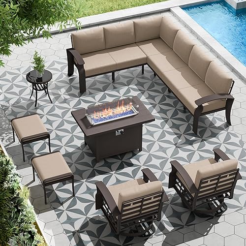 Aluminum Patio Furniture Set with Fire Pit Table, 10 Seats Outdoor Patio Conversation Set with Swivel Chair Modern Metal Patio Sectional Sofa with Coffee Table for Patio, Backyard(Sand).