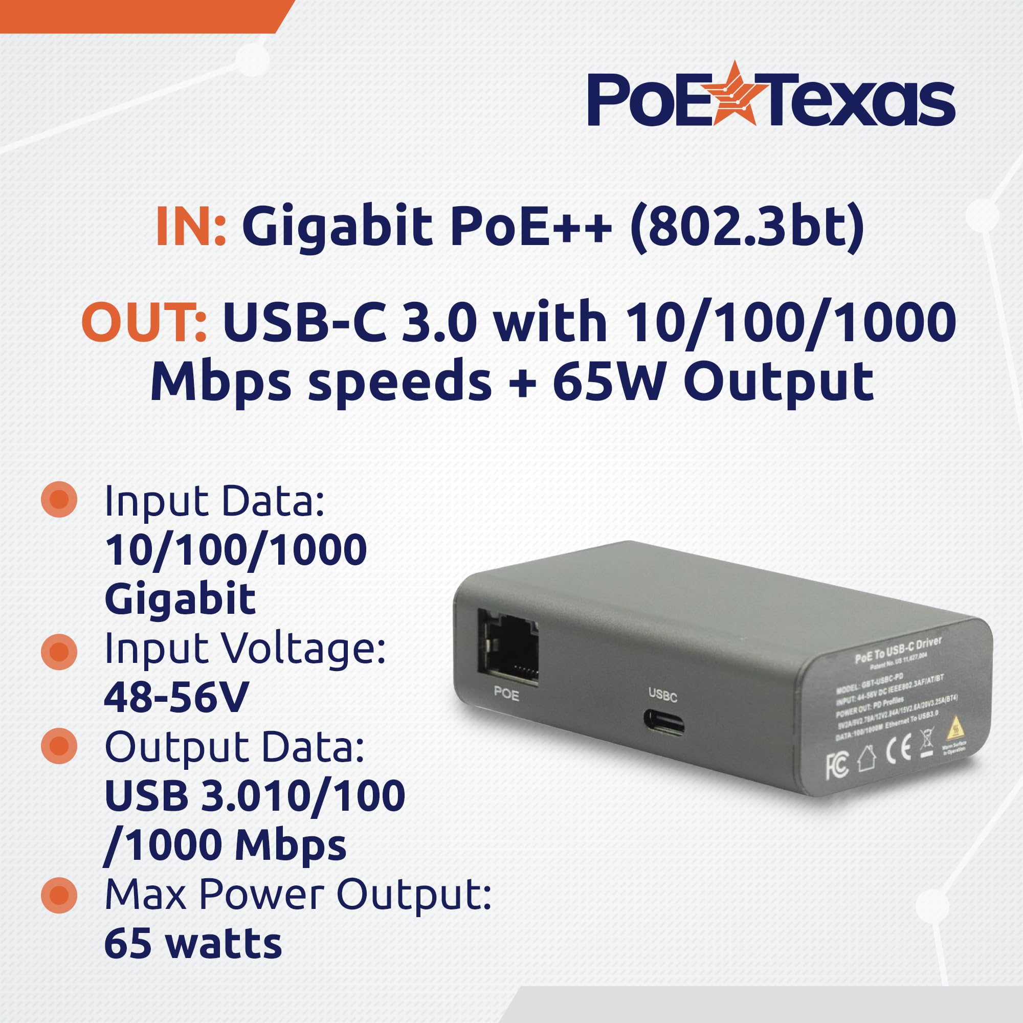 Ubiquiti Poe Adapter Gigabit PoE++ To USB-C Converter - 65W Power ...