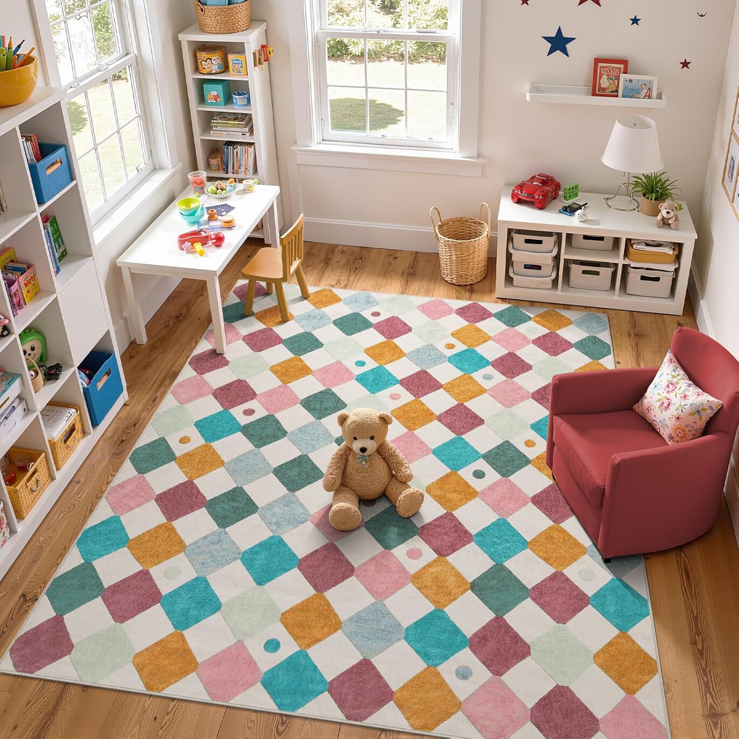 jinchan macy area rug 8x10 kids washable rug indoor floor cover non slip modern soft rug playroom diamond carpet for elementary school classroom nursery daycare living room bedroom confetti on cream 8' x 10' (rectangular) diamond confetti