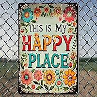 Rustic Floral Happy Place Metal Tin Sign 8x12in - Vintage Aluminum Wall Art for Indoor Outdoor Home Garden Decor