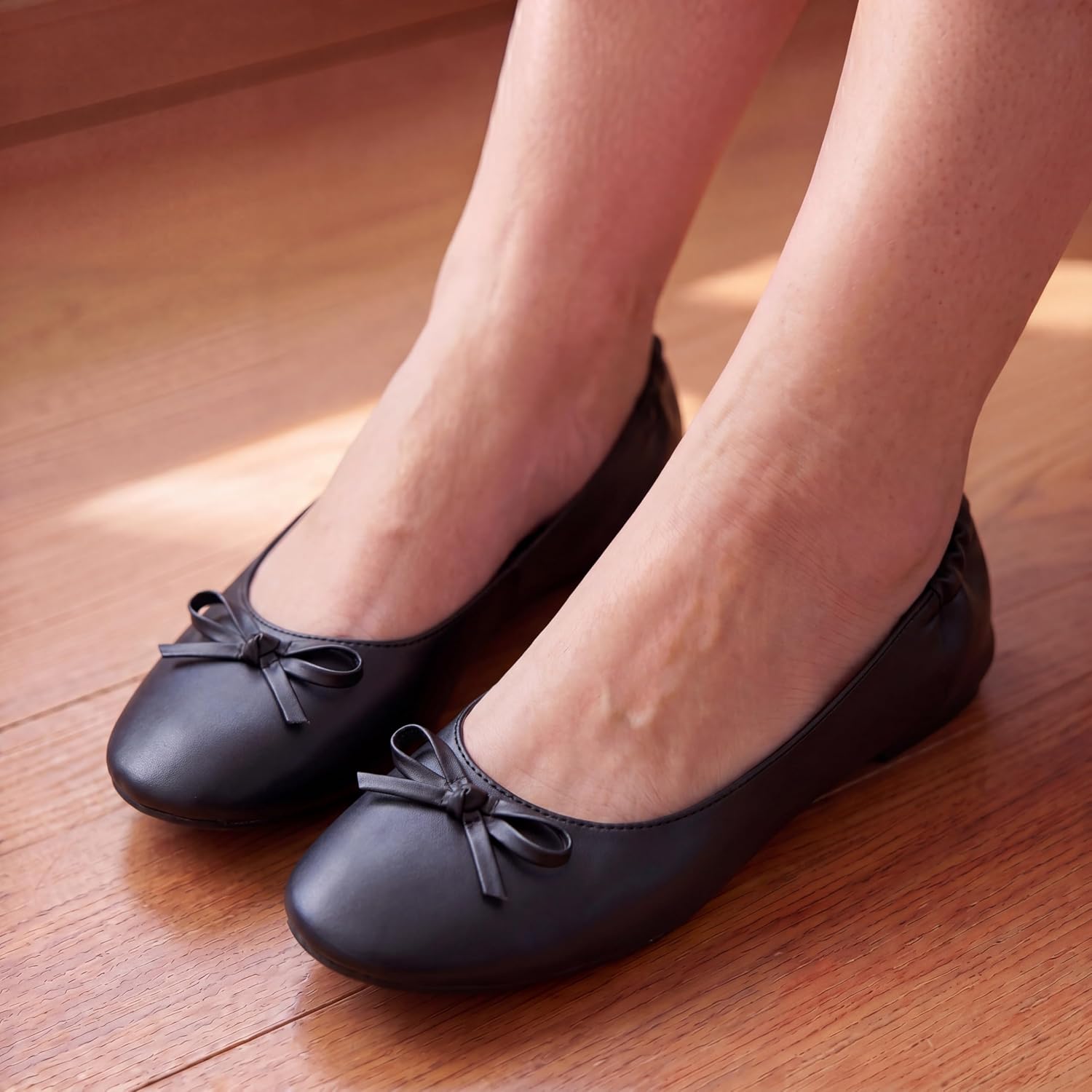 Phineein Women's Foldable Ballet Flats, Roll Up Portable Travel Shoes with Matching Pouch, PU Leather Slip On