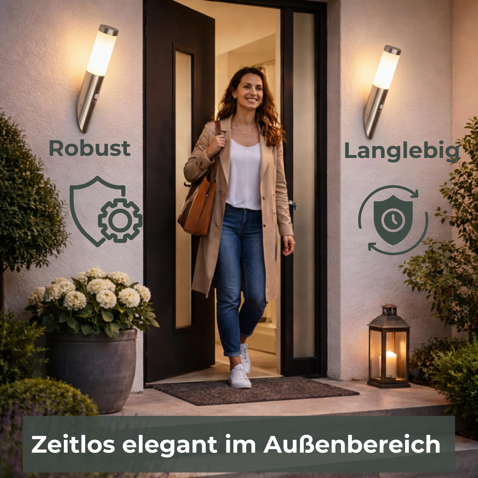 Novatool 2x Wandleuchte Aussen Edelstahl mit Bewegungsmelder I IP44 I E27 Sockel I Ø7x8H36 cm I Außenlampe Balkon Außenleuchte Außenbeleuchtung Haus Wandleuchte Aussenbeleuchtung Gartenleuchte
