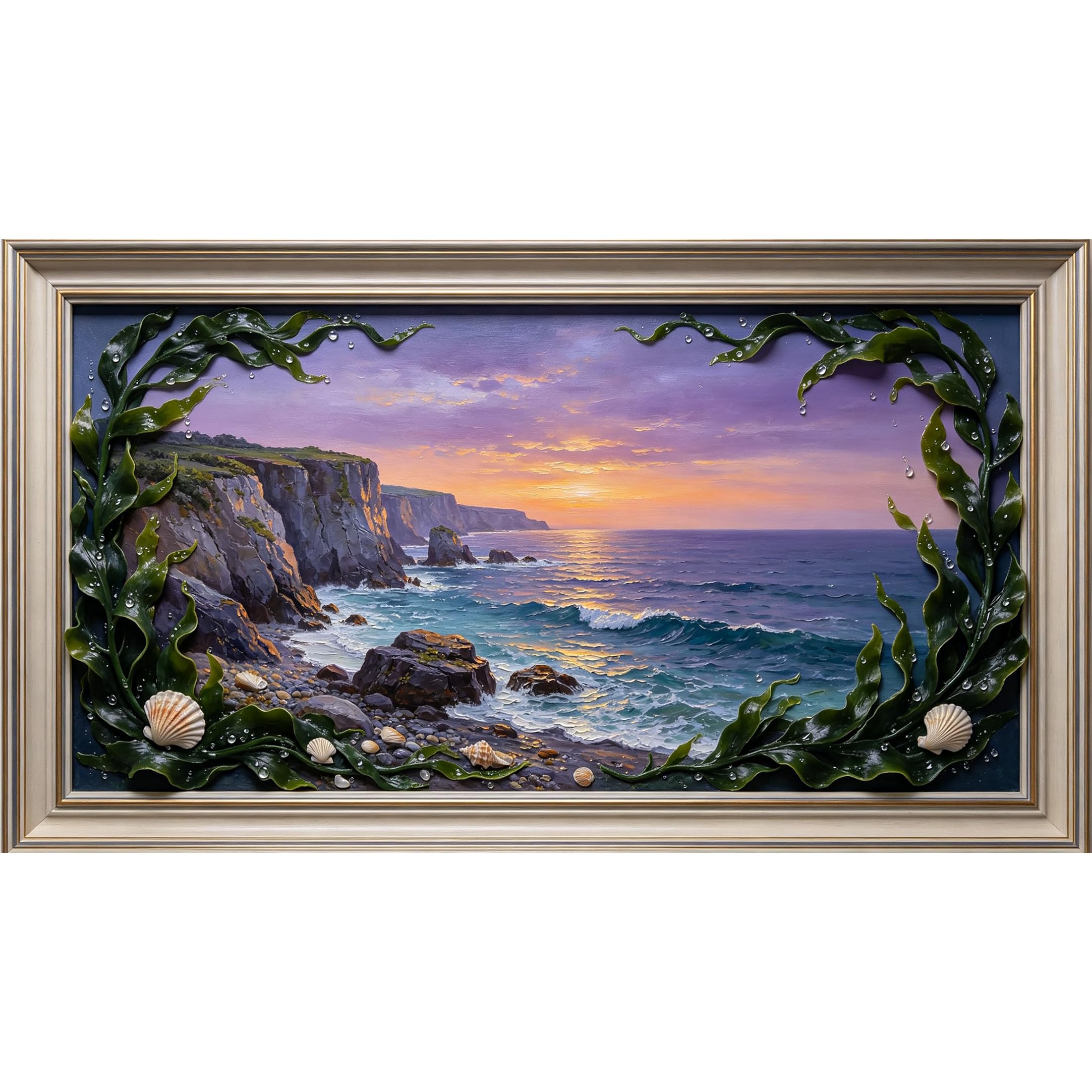 QZLITHOTIC 50x90cm3D Framed Wall Art， Coastal Ocean Sunset Cliff Waves Shells Self‑Adhesive Mural， Water‑Activated Peel & Stick Fabric Decor Wall Decal for Bedroom Living Room