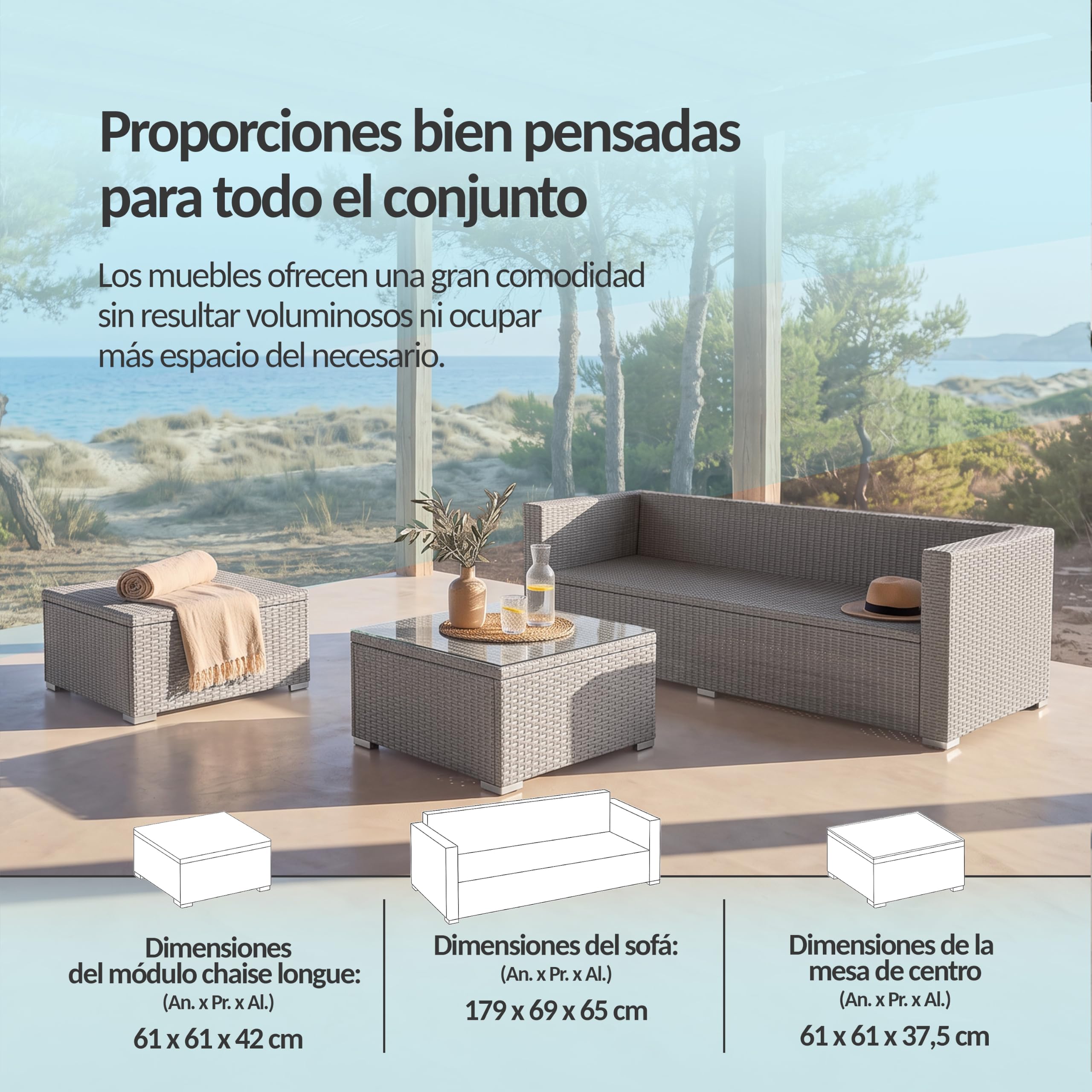 POKAR Rinconera Jardín Ratán Gris con Cojines Asiento y Respaldo Salvia
