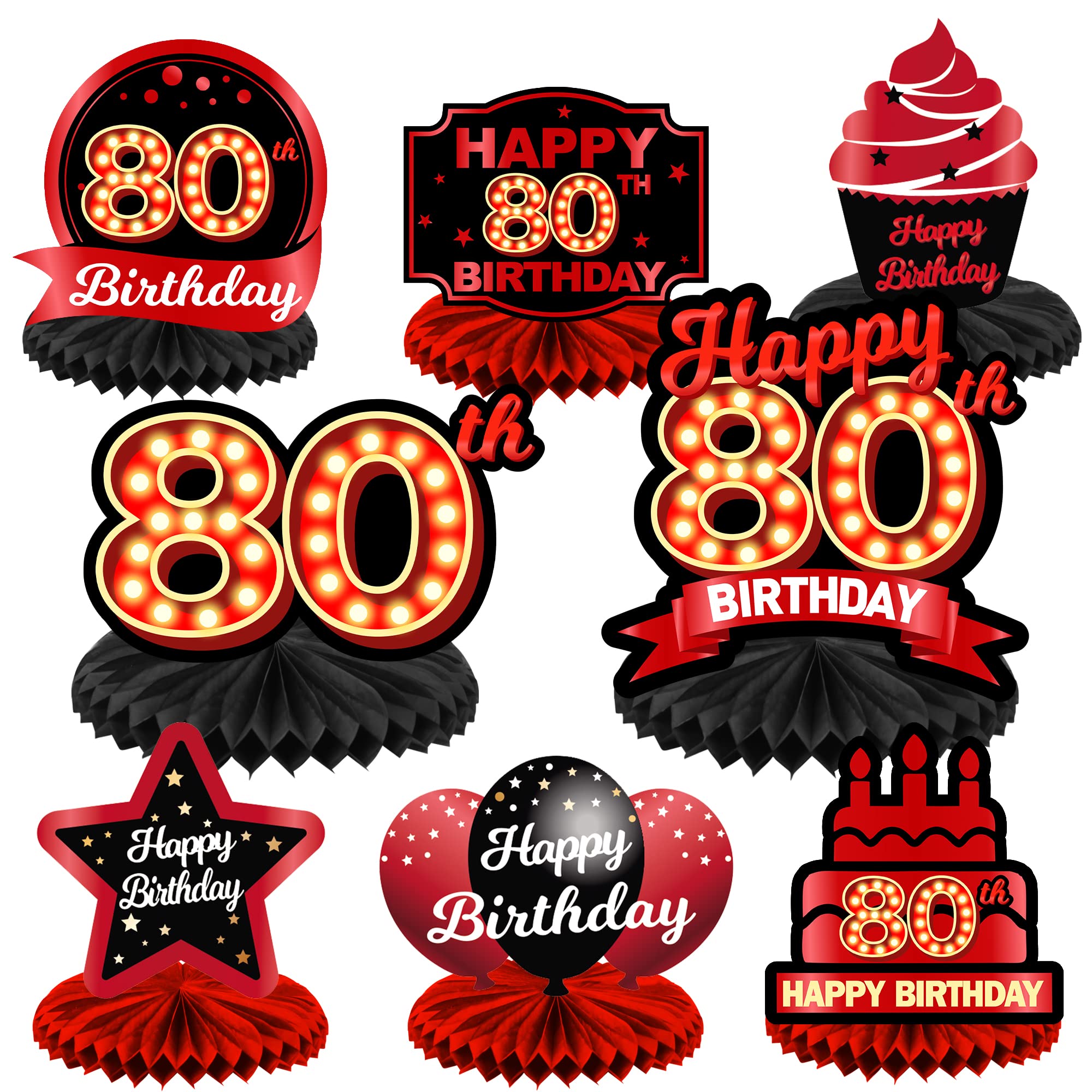 Happy 80th Birthday Red and Black Table Honeycomb Centerpieces Balloons Theme Decor Table Decorations Table Toppers for Girls Women Princess 80 Years Old Birthday Party Bday Supplies Background Gold