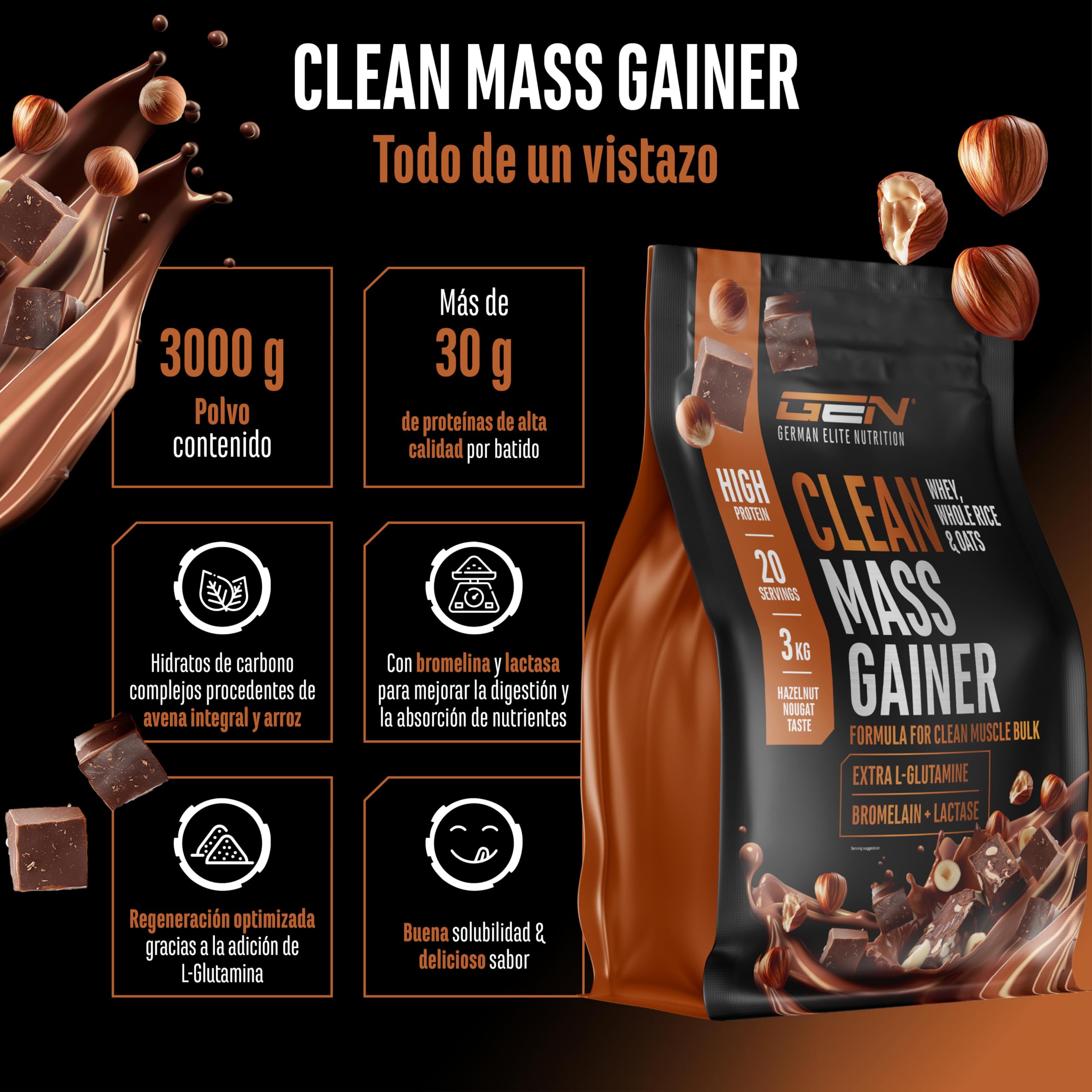 Clean Weight Gainer - 3 kg - Con Hidratos de Carbono Complejos y Proteína - Ideal para la Fase de Volumen - Polvo para Ganar masa y Peso - Vegetariano - Sabor Hazelnut Nougat