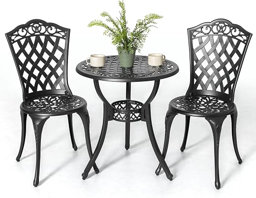 Nuu Garden 3 Piece Outdoor Bistro Table Set, All Weather Cast Aluminum Patio Bistro Sets Patio Table and Chairs Set of 2 with Umbrella Hole for Yard, Balcony, Black