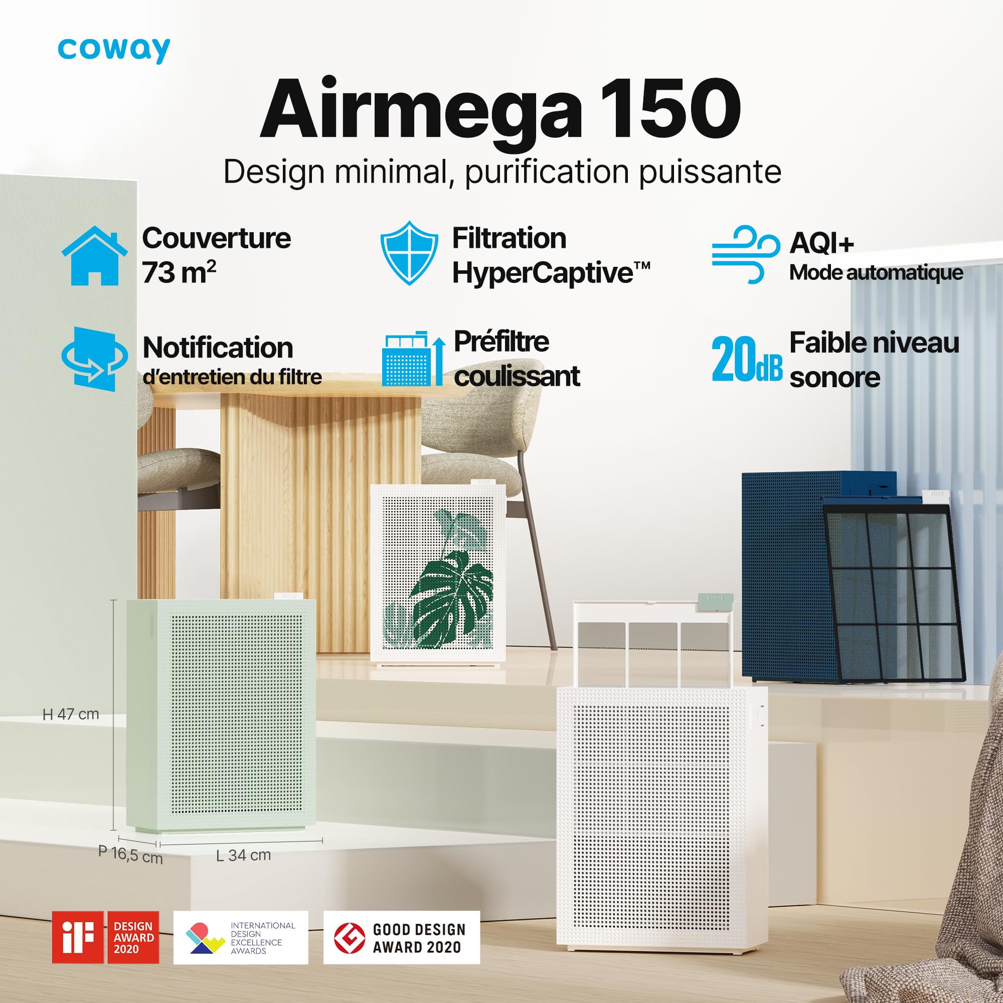 COWAY purificateur d’air maison chambre, air purifier, ECARF Quiet Mark, mode sommeil 20 dB, préfiltre lavable amovible par le haut, allergies fumée pollen animaux, Airmega 150, Vert