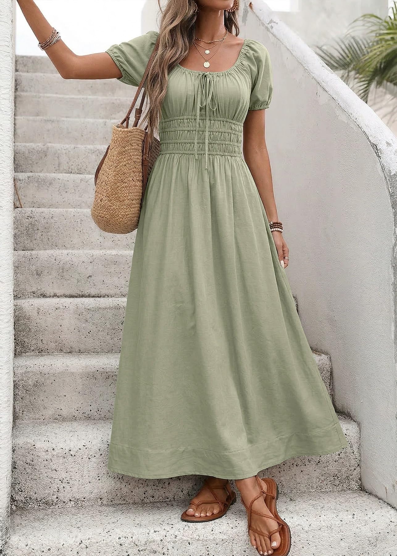 Vestito Maxi Donna, Scollo Quadrato, Maniche Sbuffo, Verde Salvia Estate