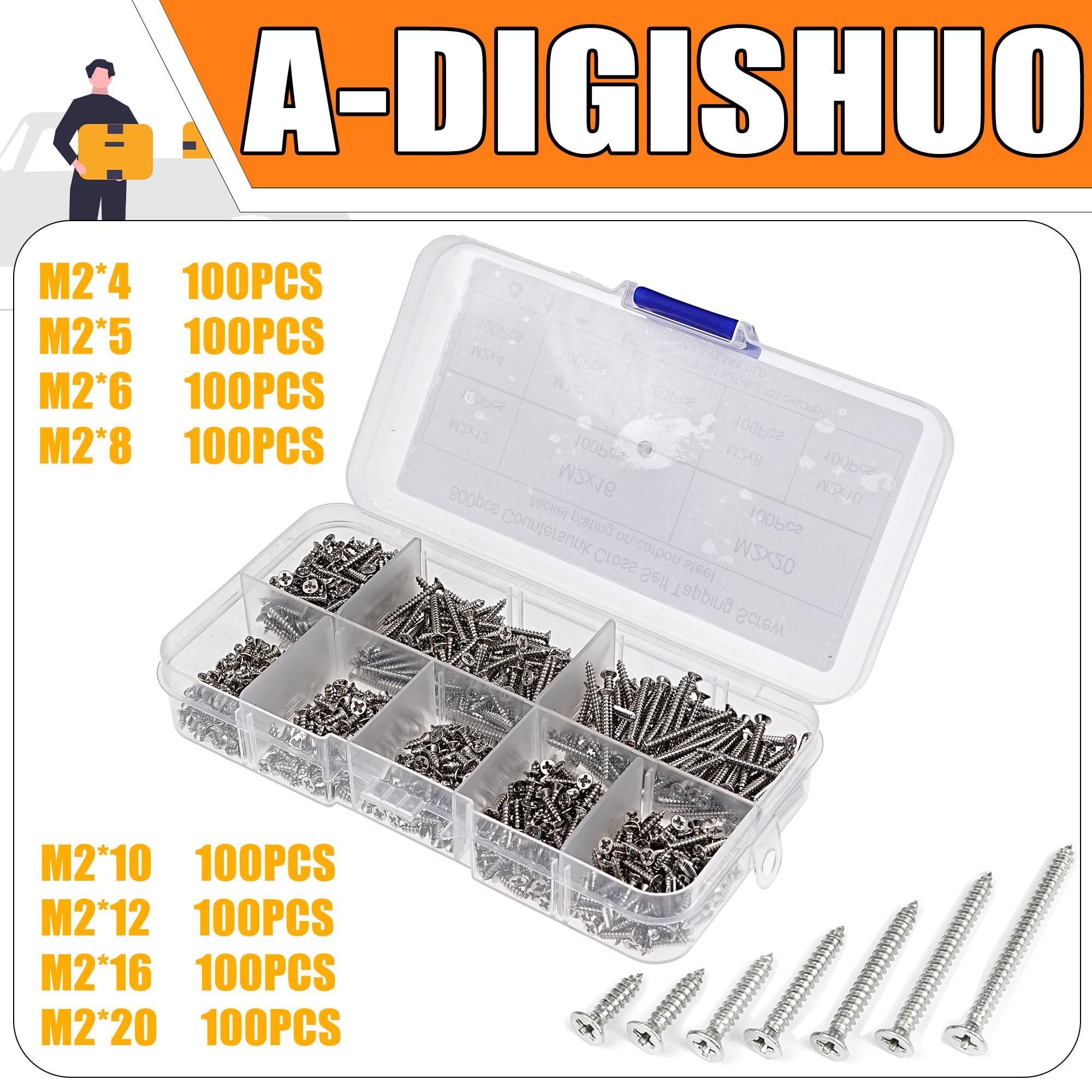 A-DIGISHUO 800Pcs M2 Kit Assorted Carbon-Steel Phillips Flat Head Self-Tapping Wood Screws - Image 2