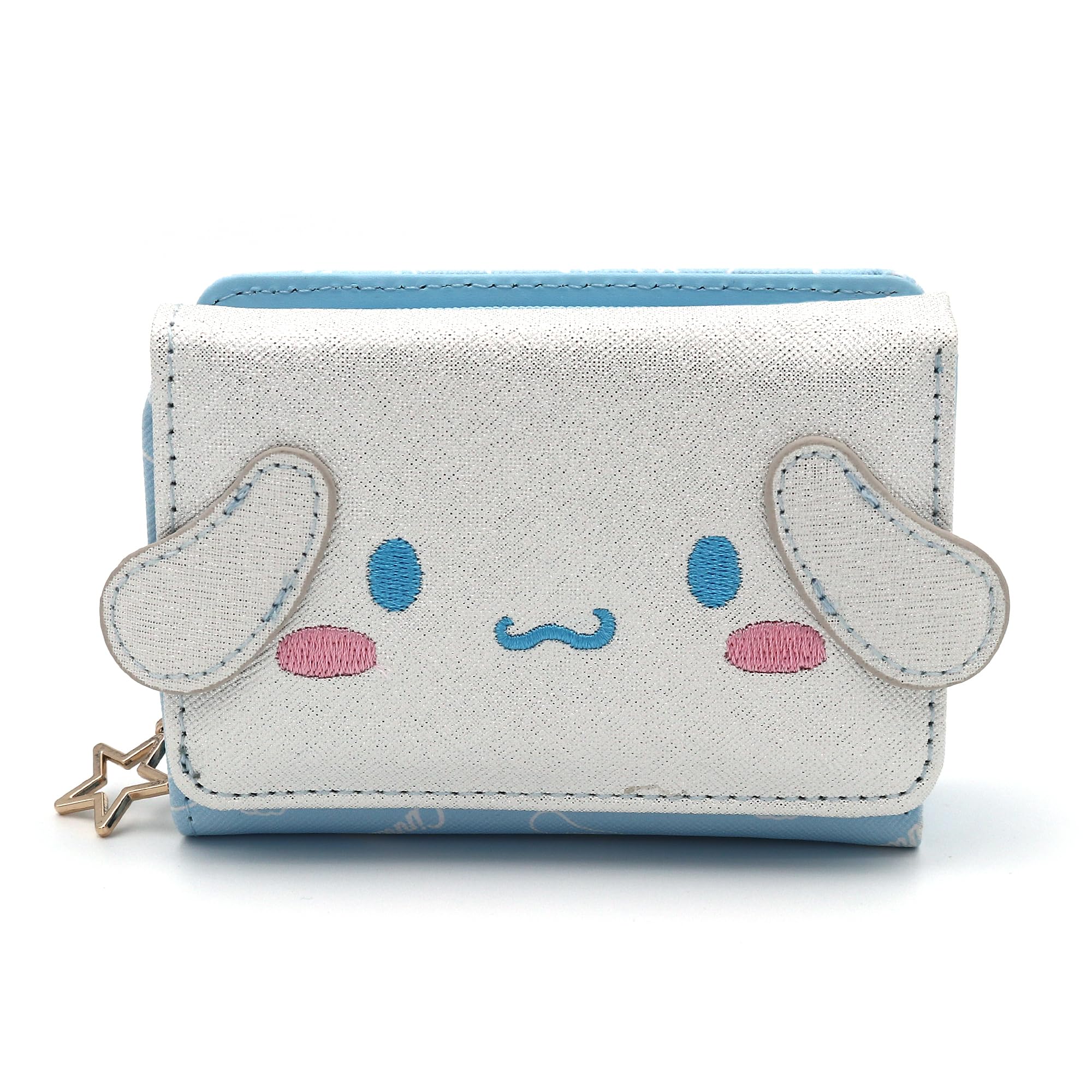 FLYBOT Cinnamoroll Wallet Adorable White Puppy Curly Ear Japanese Character Trifold Slim Cartoon Snap Zipper Closure Card Holder Vegan Leather for