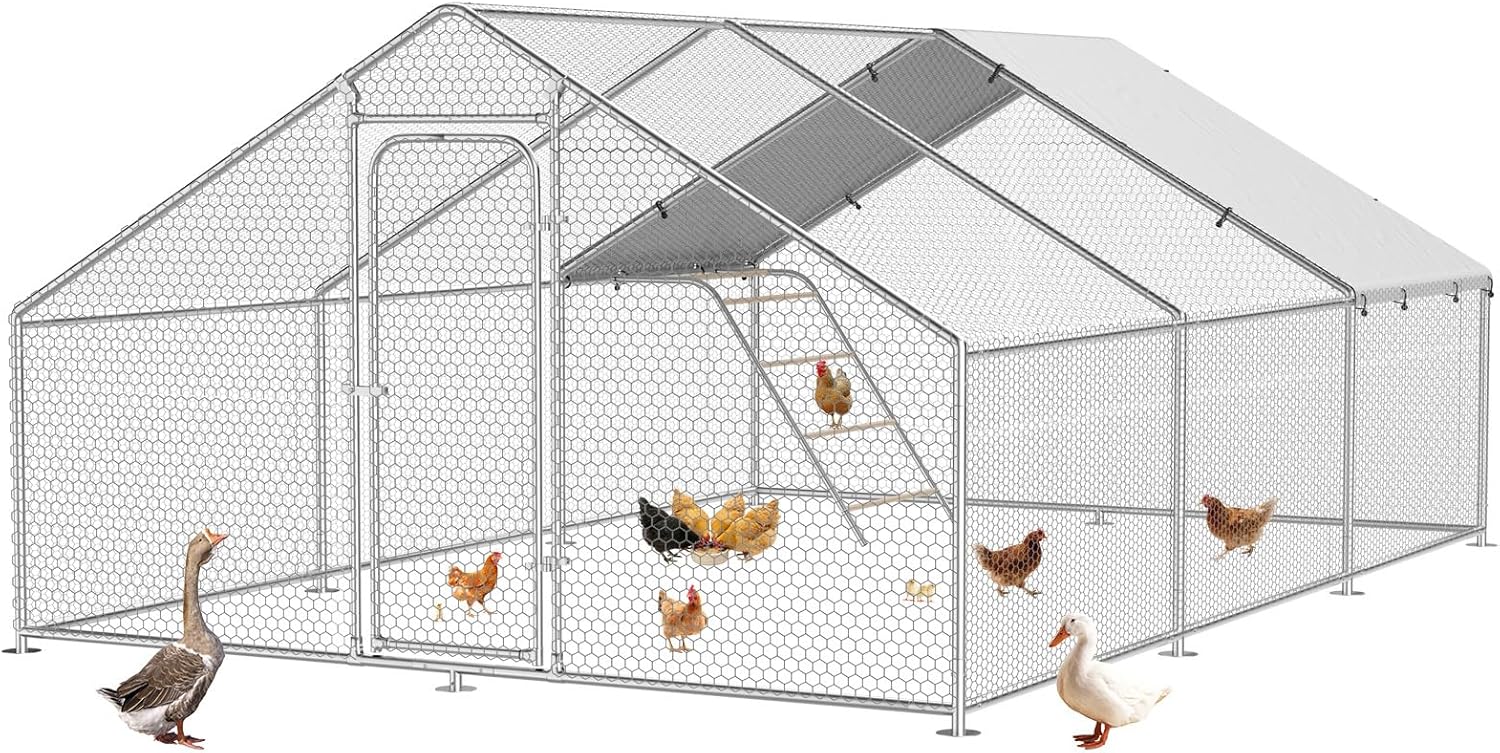 Large Metal Chicken Coop,19.7' L x 13.1' W x 6.4' H, Walk-in Chicken Run with Roosting Perch & Waterproof & UV-Resistant Cover, Spire Roof Extra Large Chicken Coop for Outdoor Backyard Farm