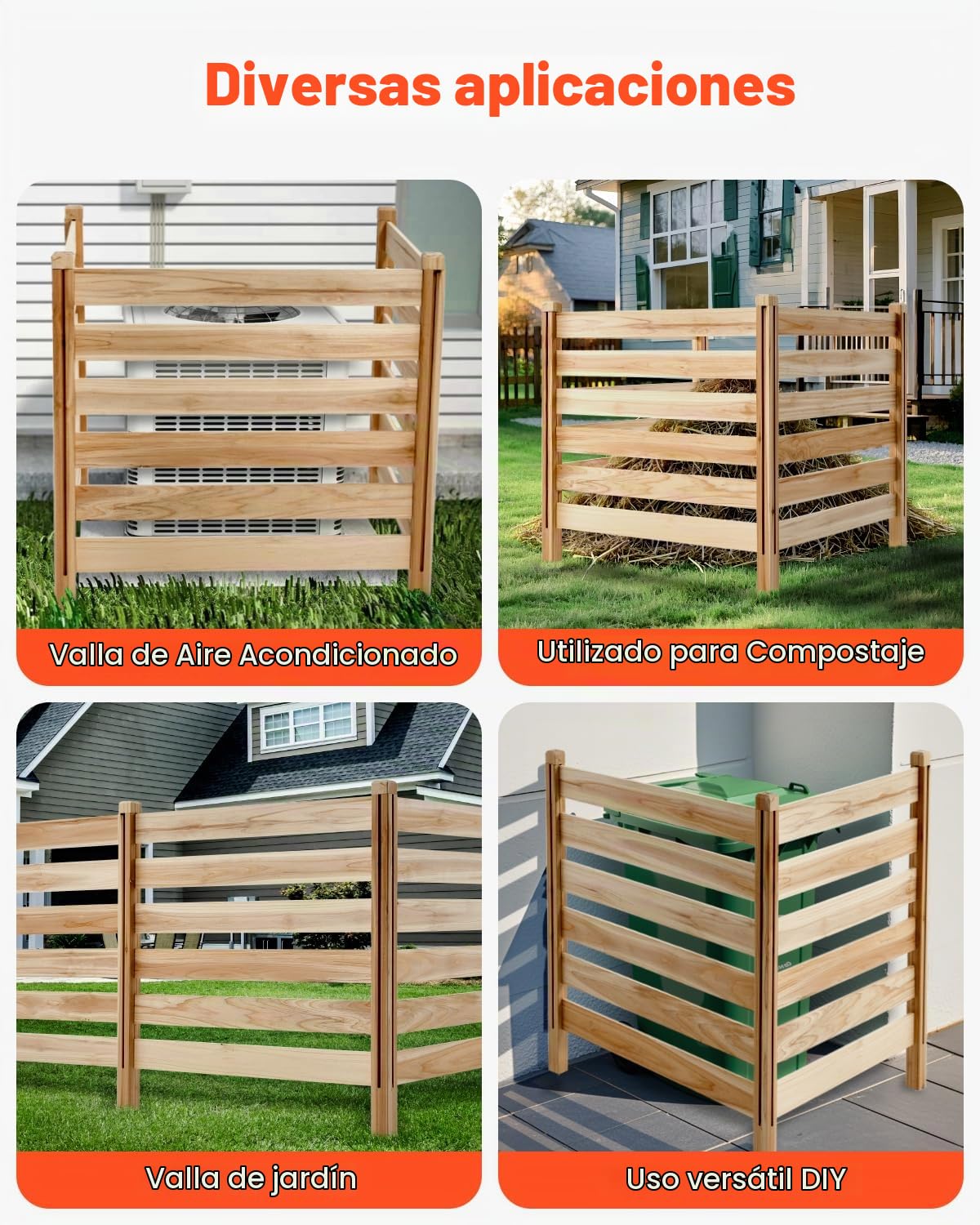 VEVOR Valla de Madera 914 x 914 mm, Valla de Listones de 3 Paneles, Cerramiento con Estacas de Metal, Valla de madera para Exteriores para Decoración de Jardín, Aire Acondicionado, Equipo de Piscina