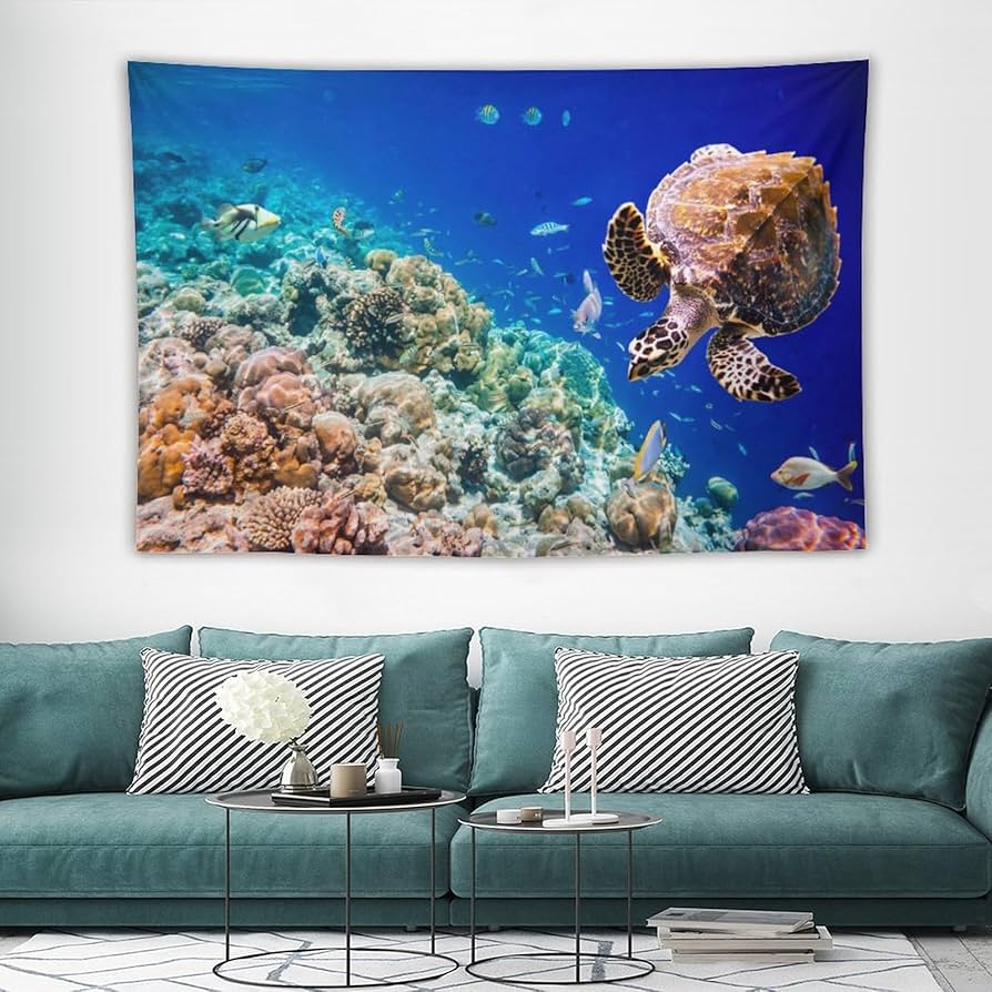 Amazon.co.jp: タペストリー 海の生き物 ウミガメ 海の景色 布