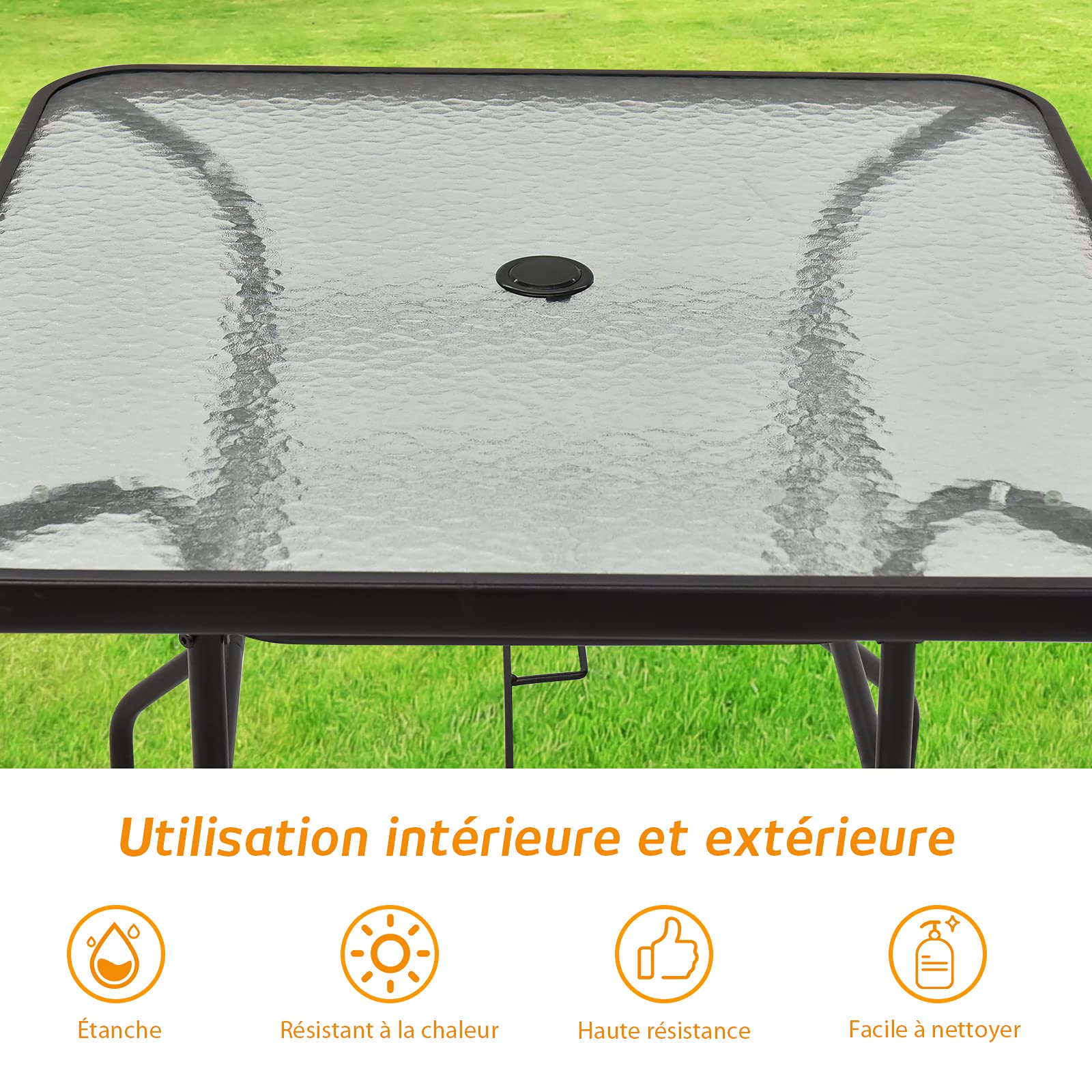 GYMAX Table de Jardin avec Trou de Parasol, Table Extérieur en Verre Trempé, Cadre en Métal, Forme Carrée 81 x 81 x 71 CM, Capacité 80 KG