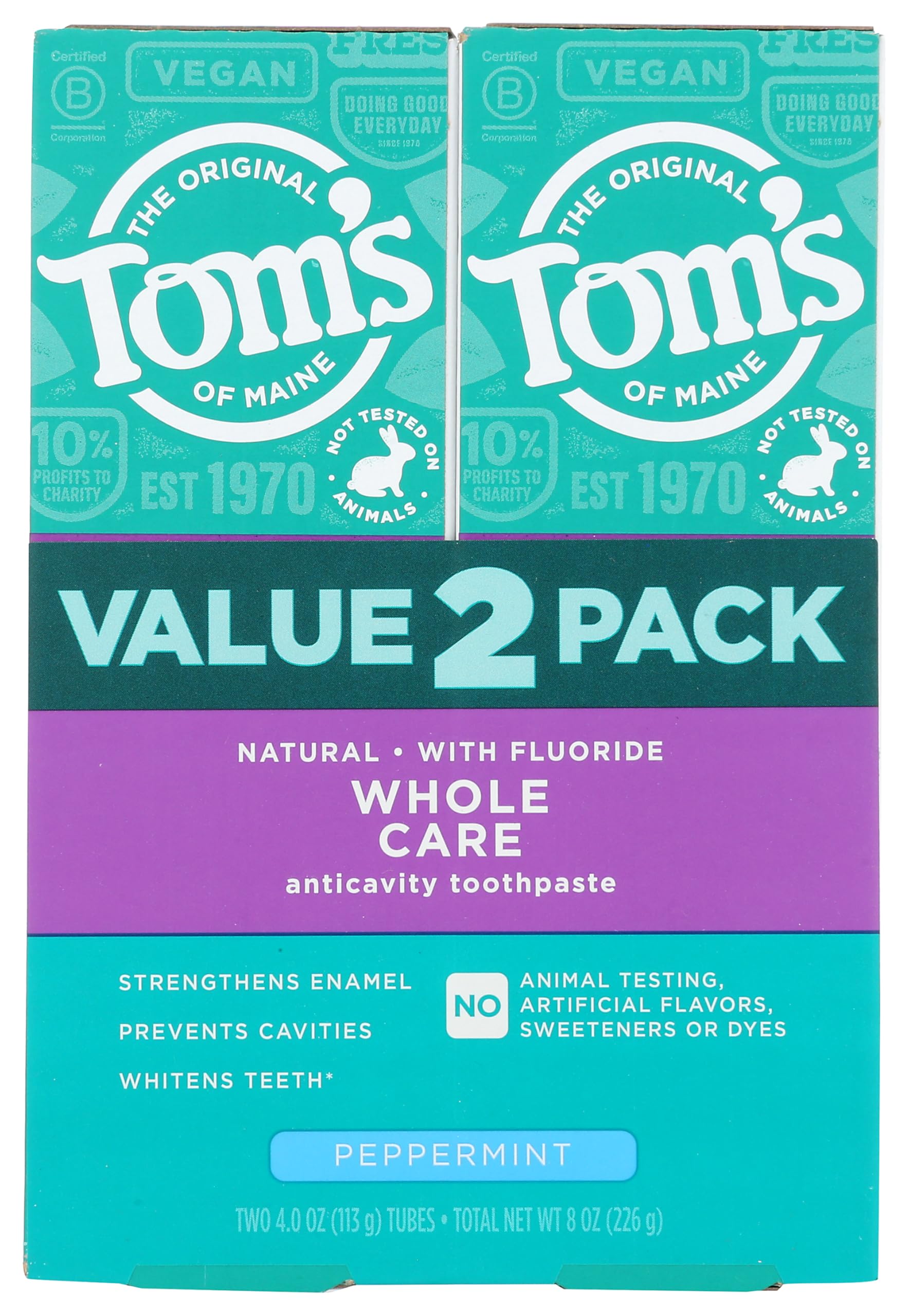 Tom's of Maine Whole Care Natural Toothpaste with Fluoride, Peppermint, 4 oz. 2-Pack (Packaging May Vary)
