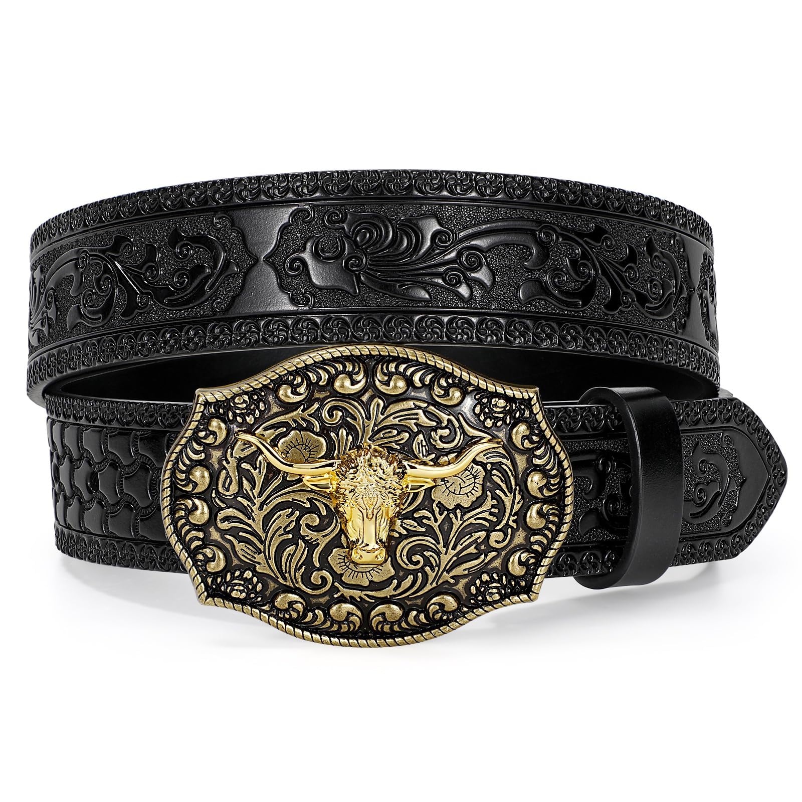 WERFORU Ceinture Cowboy en Cuir pour Hommes - Ceinture Western Homme Avec Boucle Taureau et Gravure Florale pour Jeans