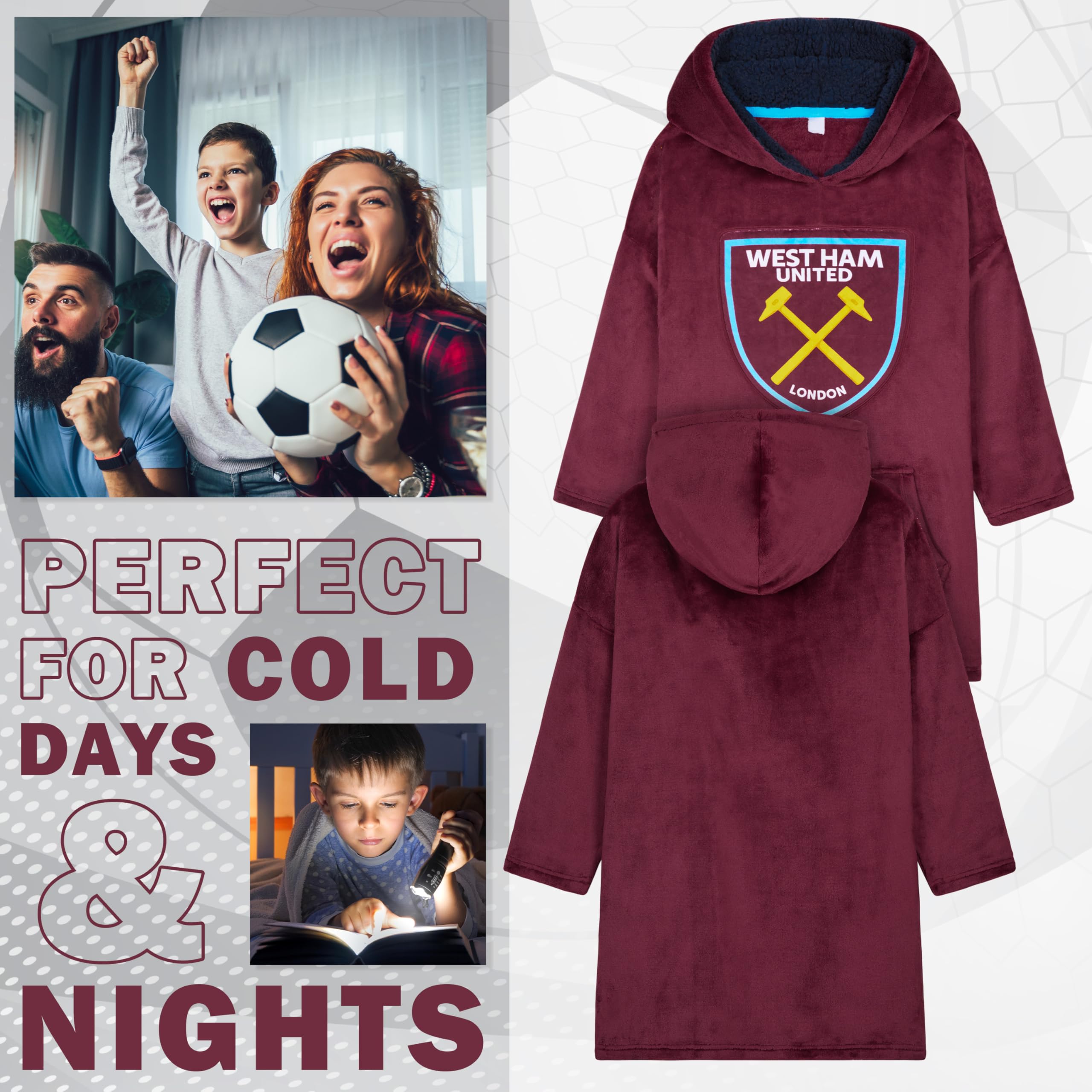 West Ham United F.C. Boys Oversized Fleece Poncho with Hood, West Ham Gifts for Boys Burgundy - Image 4