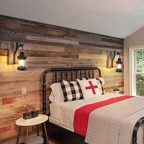 Miniatura 9 de Lámparas de pared rústicas, apliques de pared vintage, juego de 2 lámparas de pared de madera antigua de granja con iluminación montada en vidrio