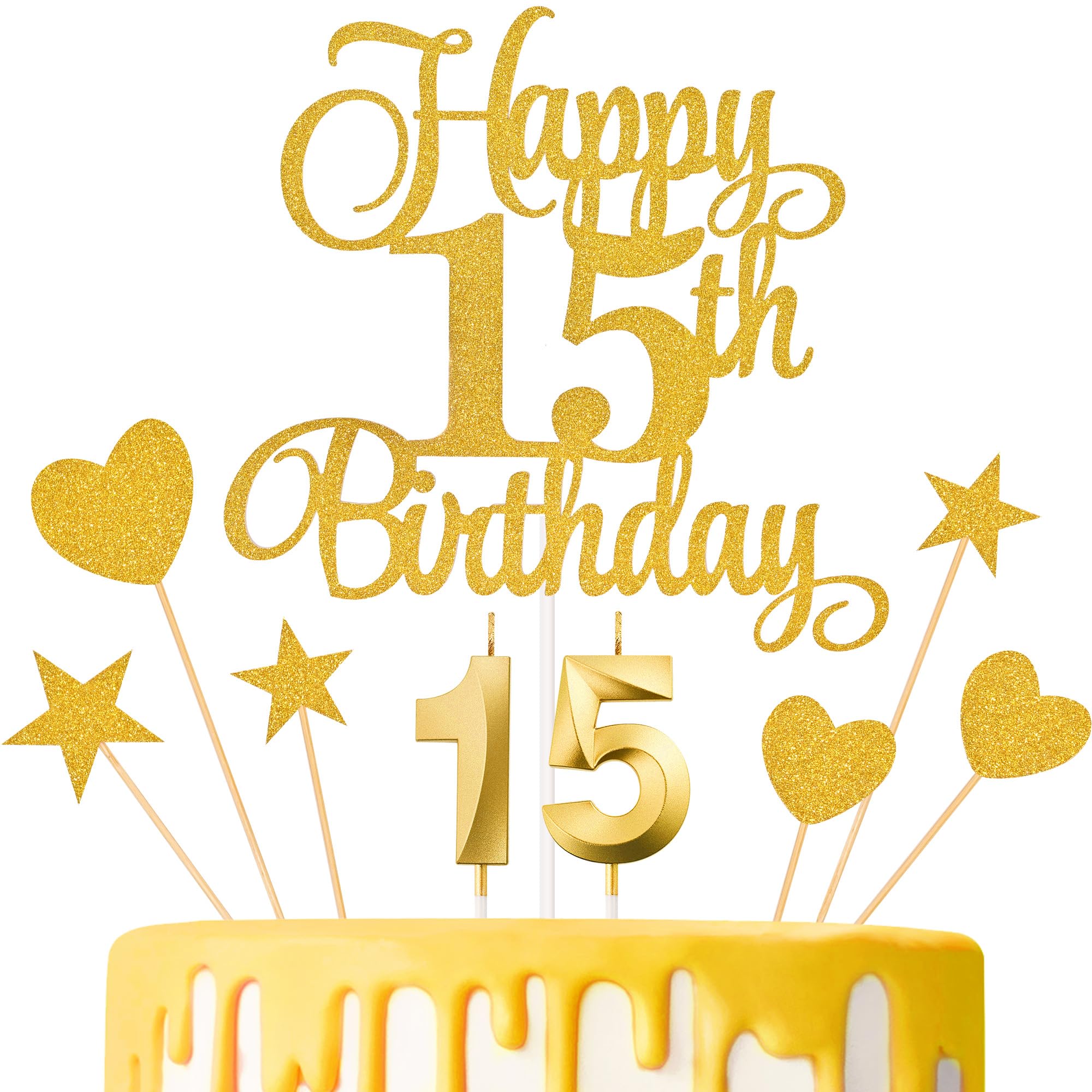 Lecferrarc 15th Birthday Cake Decorations, 15th Birthday Candles Cake Numeral Candles and Glitter Happy 15th Birthday Cake Toppers Set for Birthday