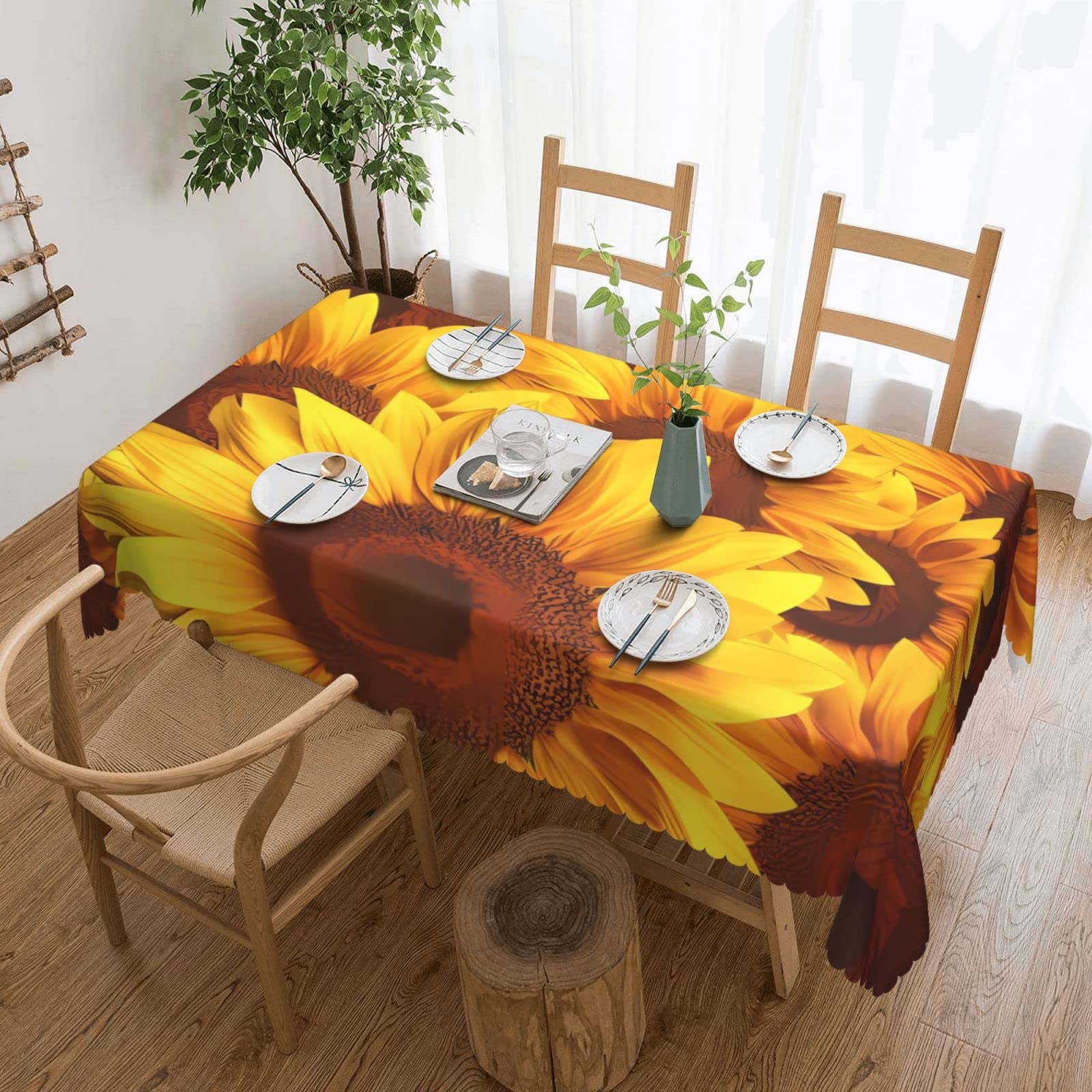 Nappe rectangulaire tournesol 137x183 cm lavable en polyester jaune pour table de cuisine