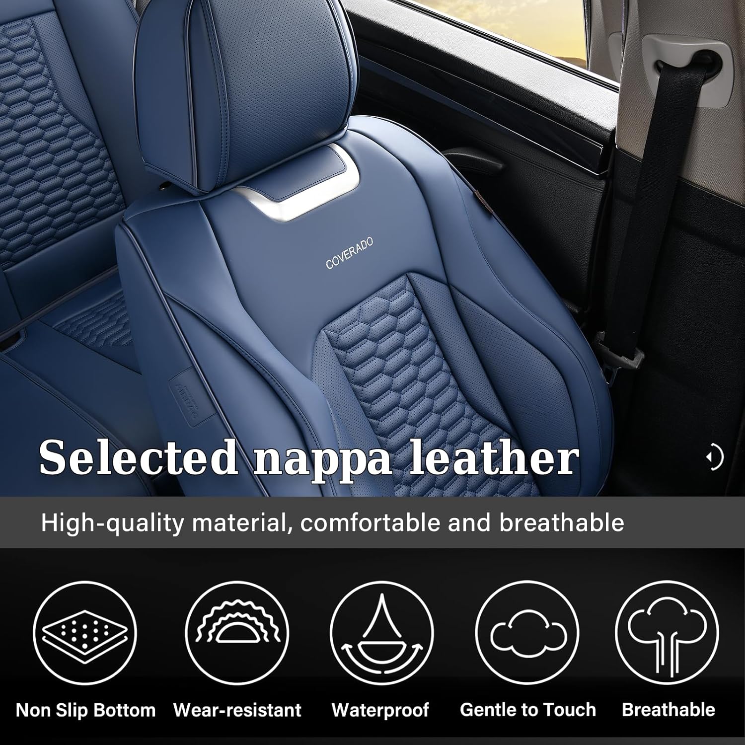 Coverado Car Seat Covers Front Seats, Luxury Leather Seat Covers for Cars, Automotive Car Seat Covers Protector Universal Fit Most Sedans, SUVs, Pick-up Trucks Interior Accessories(Blue)