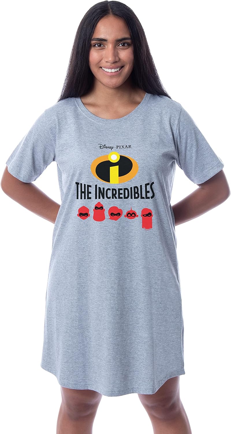 Disney Womens' The Incredibles Character Nightgown Sleep Pajama Shirt (Small) Grey