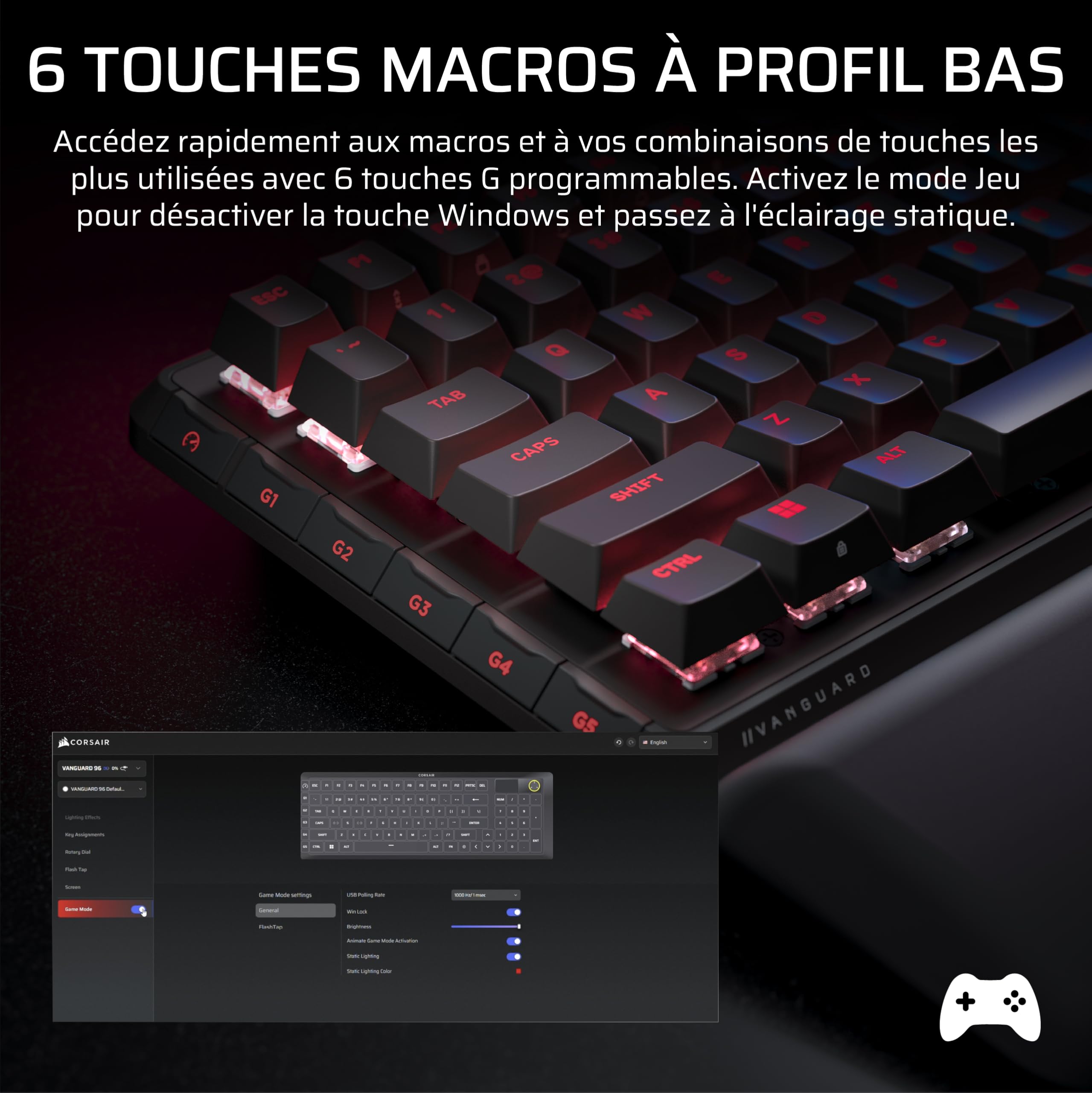 Corsair Vanguard Pro 96 Hall Effect Clavier de Jeu Mécanique Filaire Noir | AZERTY FR, 96%, MGX Hyperdrive Commutateurs, Interrogation 8 000 Hz, Rapid Trigger, Stream Deck Virtuel, SOCD Flashtap