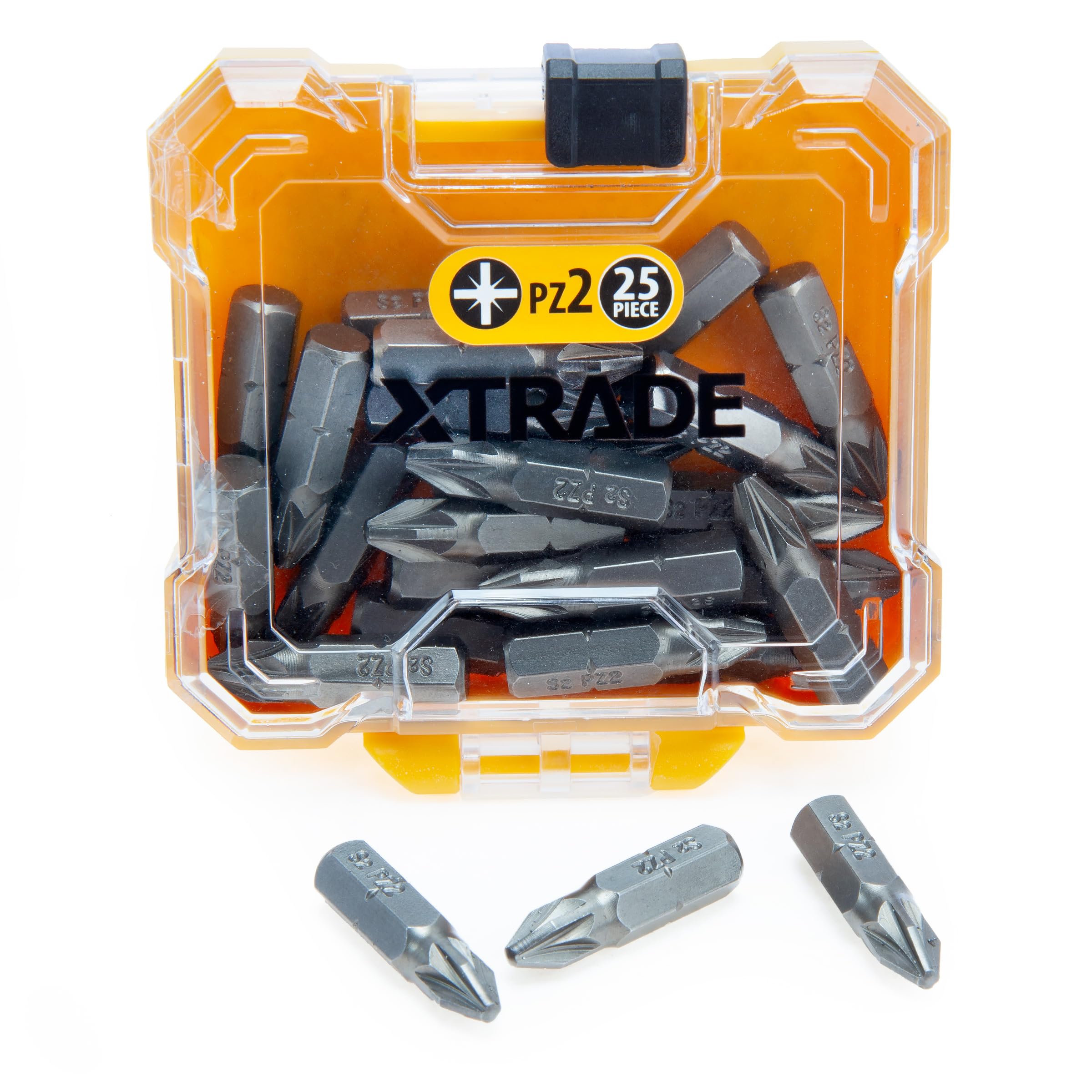 XTrade PZ2 25mm Screwdriver Bits, 25 Piece, S2 Premium Steel, External Hex Shank for Use in Impact Drivers, Drill Drivers, Screwdrivers in A Handy Storage Case