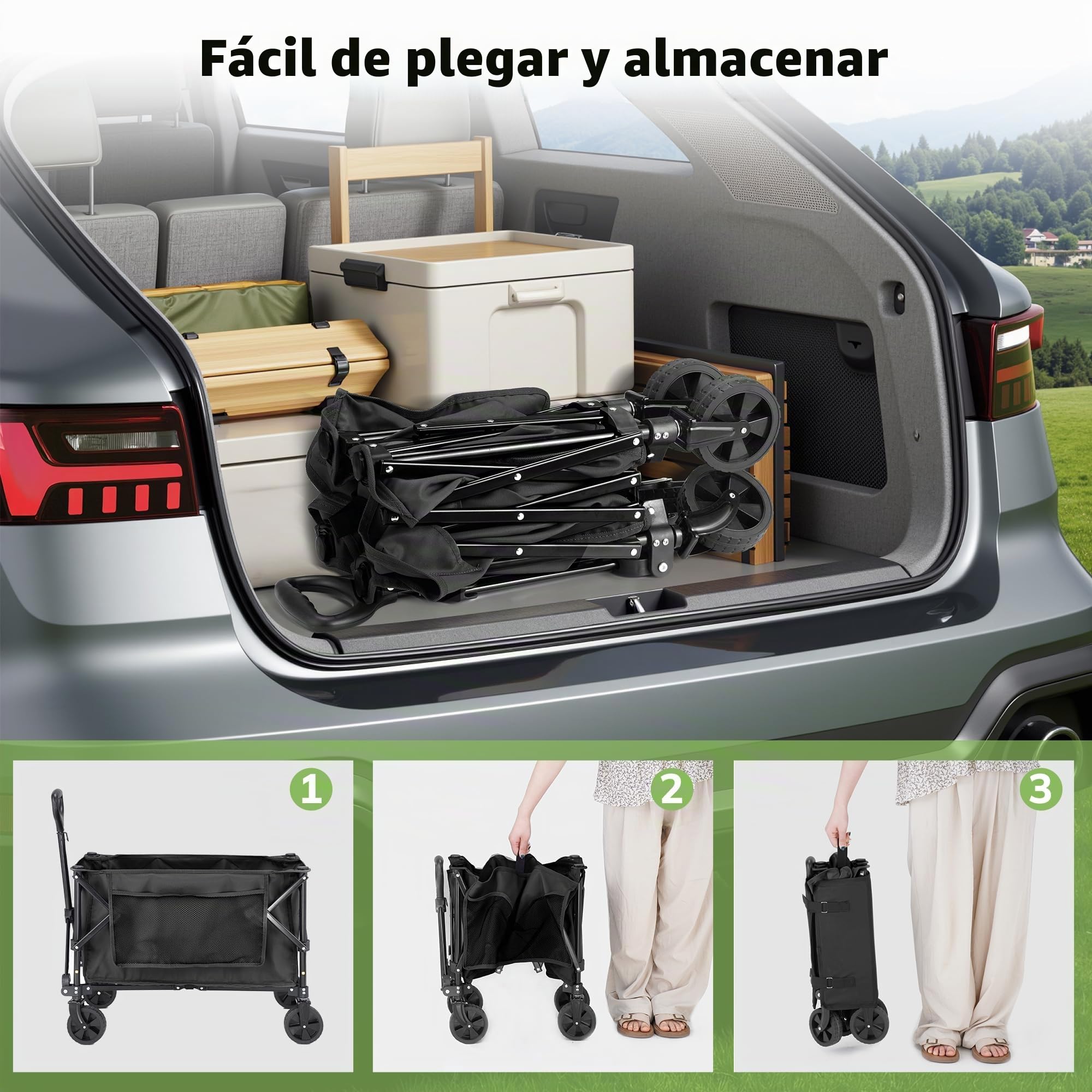 Morpilot Plegable 220L / 150 kg, Ruedas Todoterreno para Playa y Césped, Asa Ajustable, Fácil de Plegar, Cabe en Maletero, Carro para Camping, Compras y Jardín, Negro
