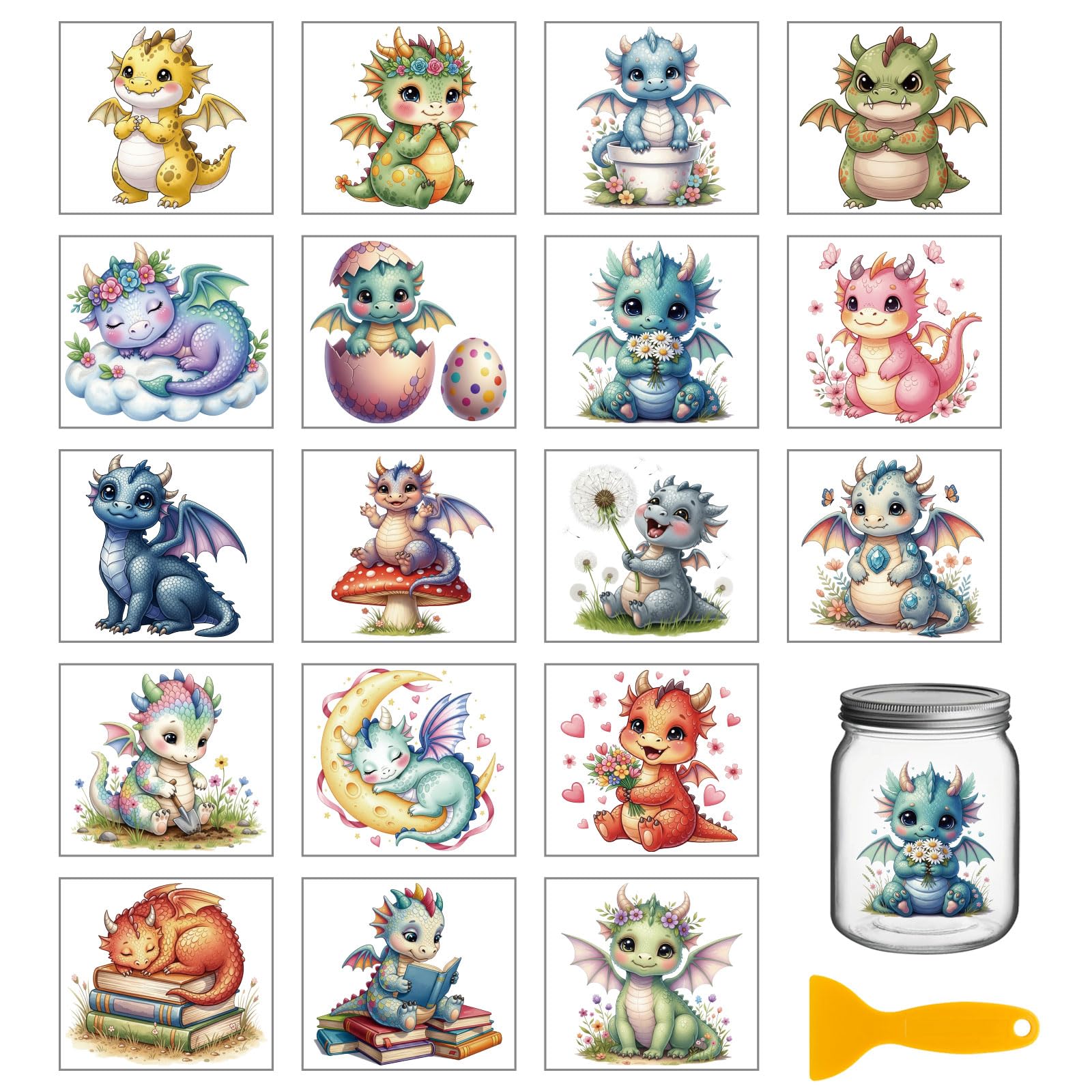GLOBLELAND 18 Sheets Cute Dragon Transfer Stickers 3.9x3.6inch Colorful Flower Transfer Decal Cartoon Animals Rub on Transfer for Cup Decal Vase Glass Art Crafts Decorations