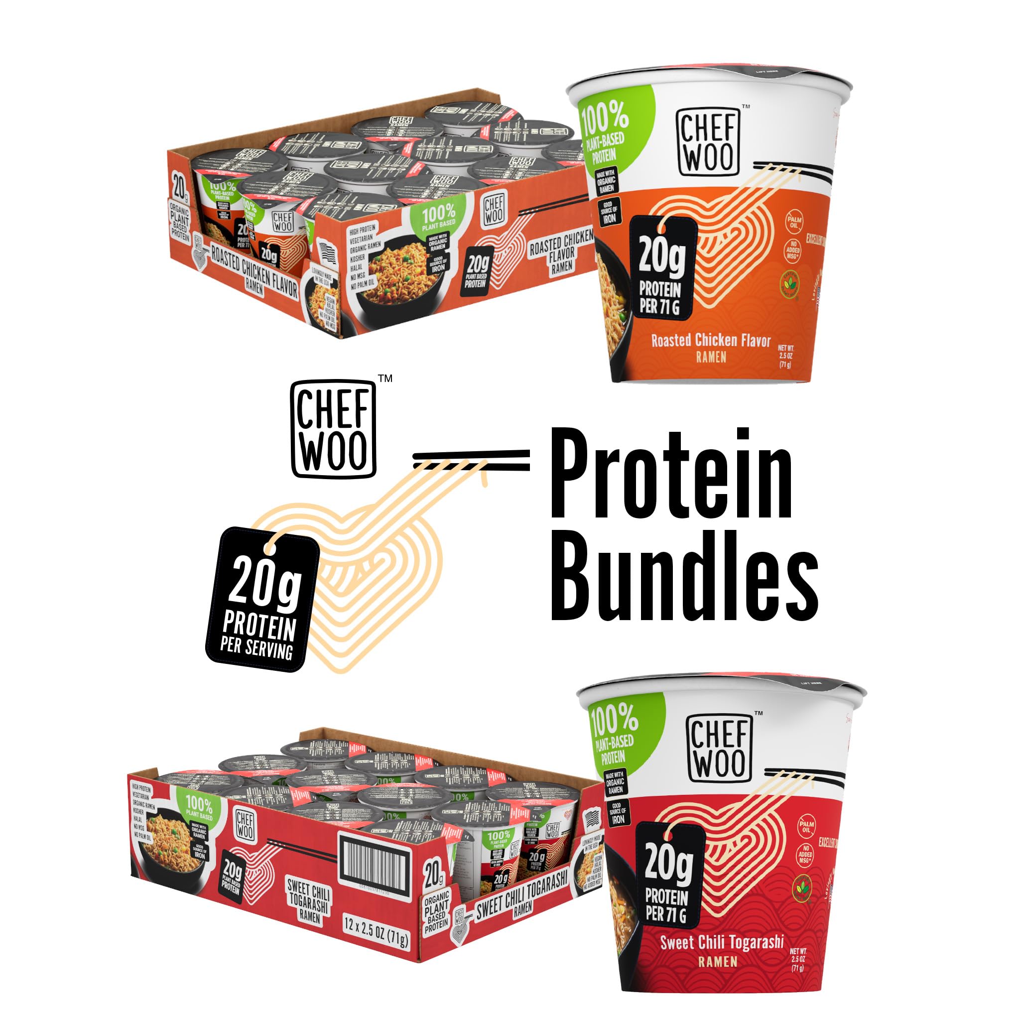 CHEF WOO Roasted Chicken x Sweet Chili Togarashi Flavor Ramen Cup High Protein Noodles, 20g of Animal-free, Bioavailable Protein | Made in U.S. |