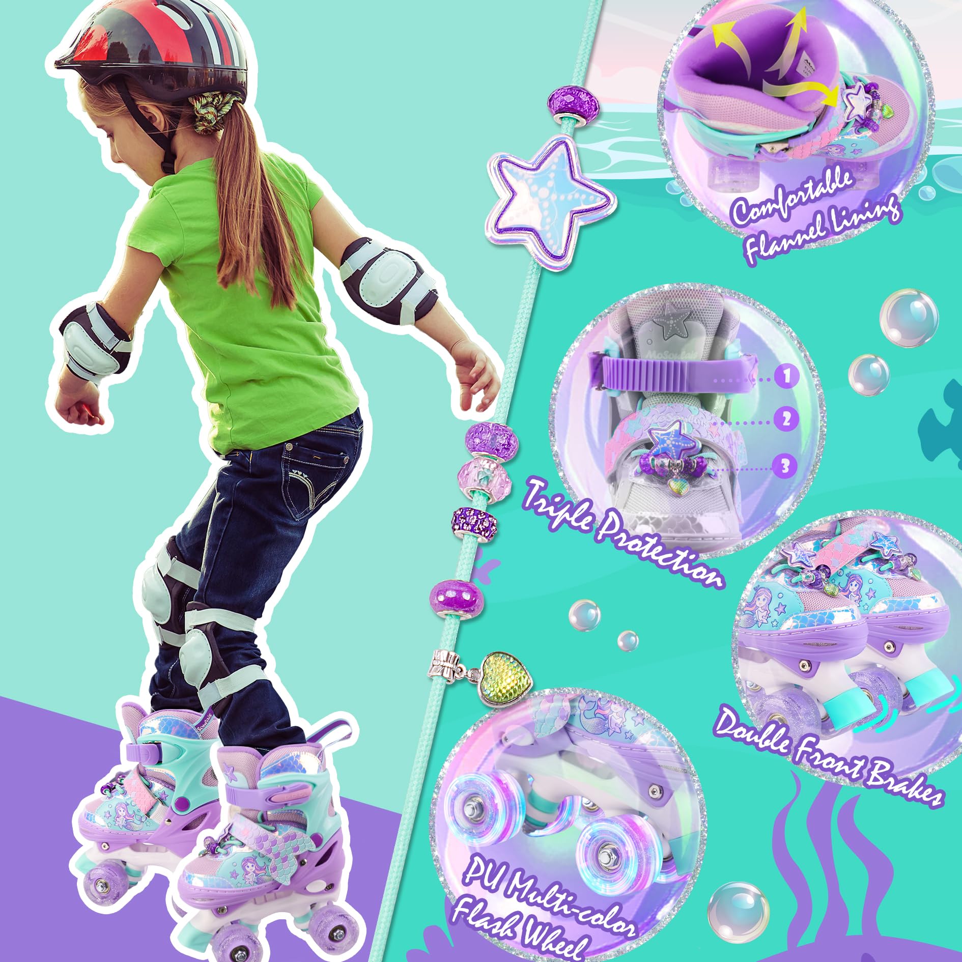Sirène Patins à roulettes Enfant Roller Fille Roller 4 Roues Enfant Patins Ajustable avec Roues Allumées pour Débutants Filles Garçons Cadeau d'anniversaire Noël