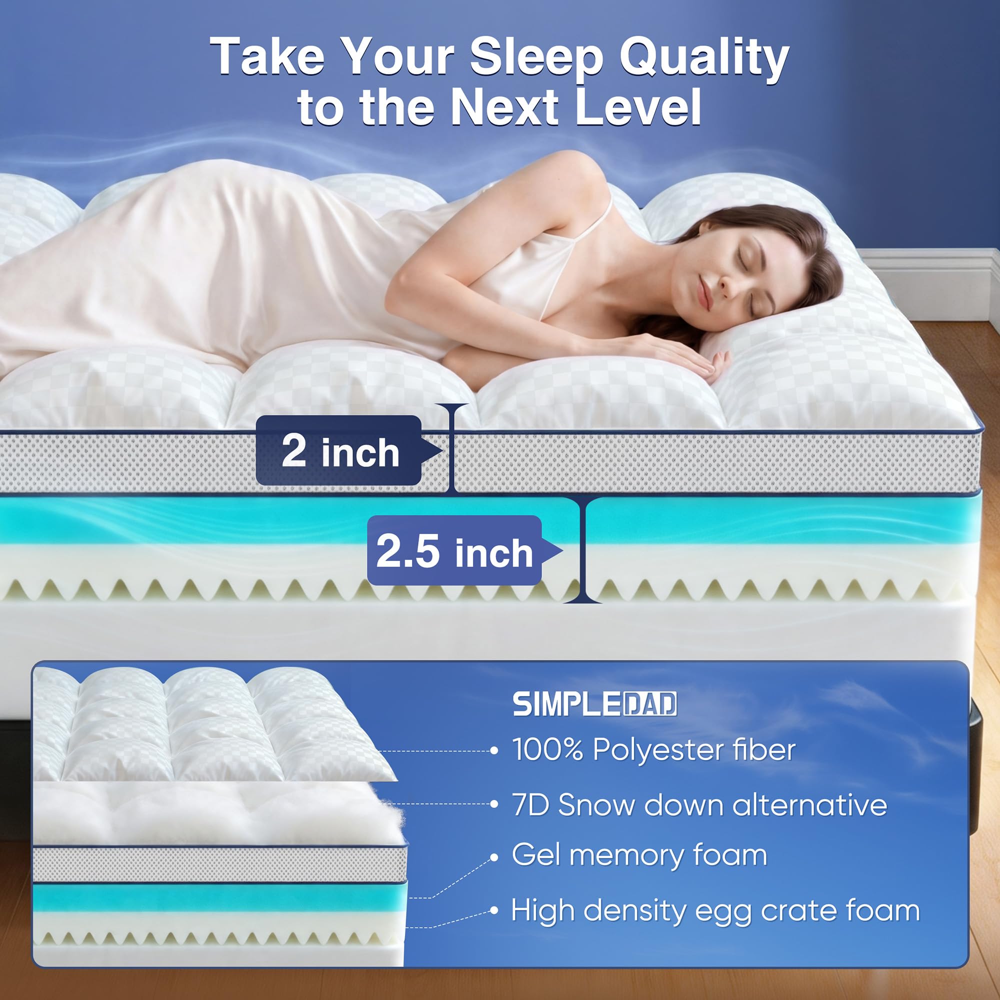Simpledad Topper per materasso queen size, 3 in 1, in memory foam, per mal di schiena, soffice coprimaterasso da 5,1 cm e memory foam in gel a doppia durezza da 6,3 cm, con tasca profonda da 20,3