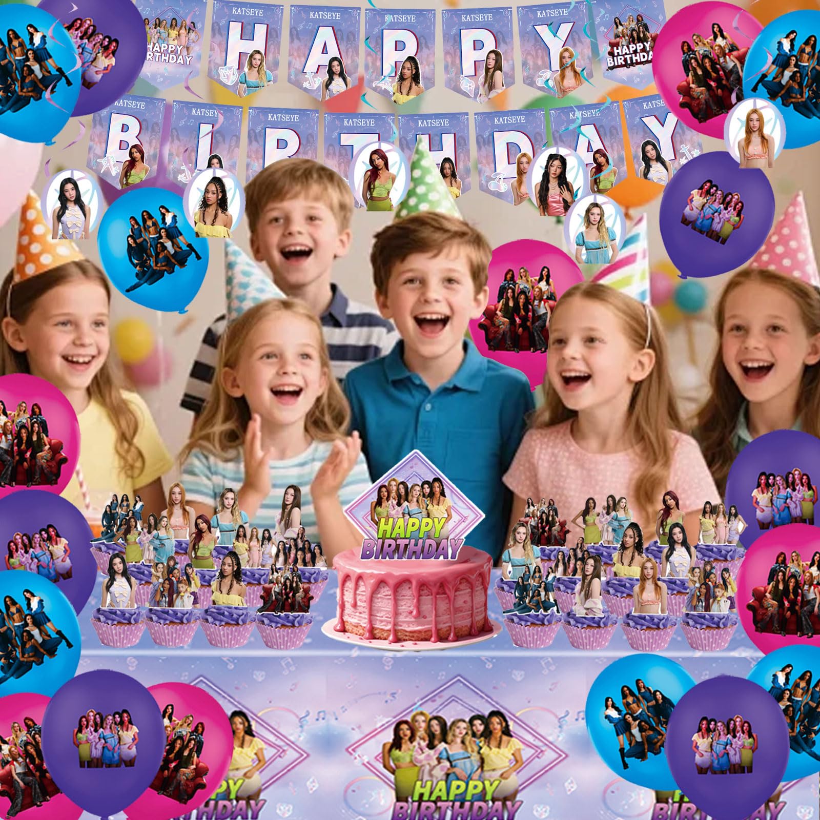 Set di decorazioni per compleanno a tema Katseye da 51 pezzi, Comprensivo di striscione, Decorazioni per torta, Tovaglia, Palloncini, ideale per feste di compleanno di bambini e appassionati