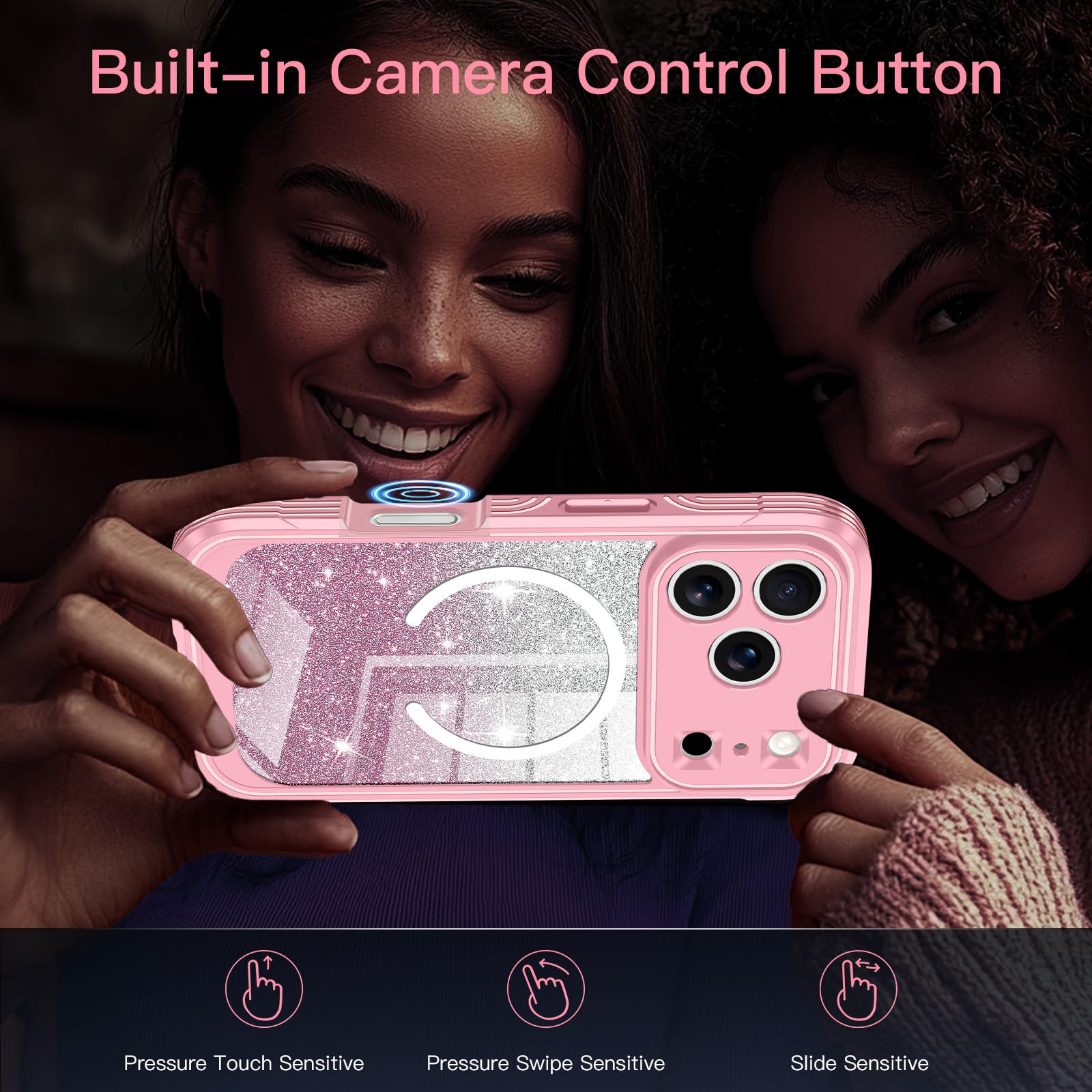 Casetego Custodia magnetica per iPhone 17 Pro, compatibile con MagSafe, protezione per lo schermo privacy integrata, sottile, glitterata, antiurto, custodia protettiva per iPhone 17 Pro, colore rosa