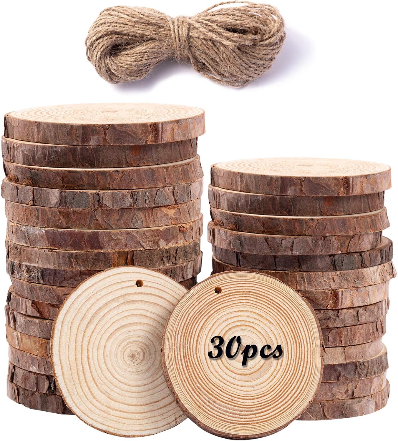 Unfinished Predrilled Natural Wood Slices -30 Pcs 2.8-3.1 Inch DIY Crafts with Hole Wooden Circles Tree Slices Halloween Christmas Ornaments DIY Crafts, Wood Circles for Crafts Home Décor