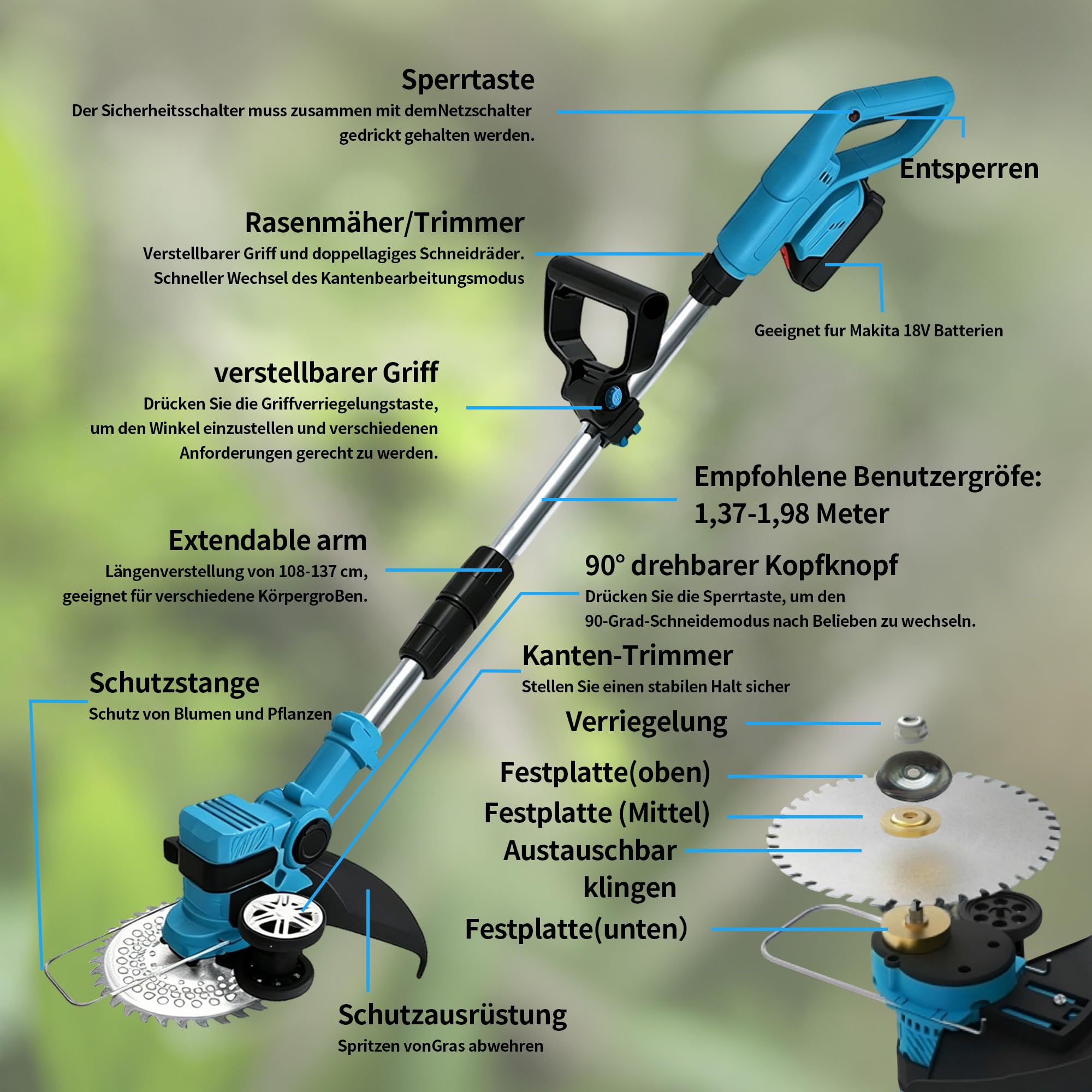 Akku Rasentrimmer kompatibel mit Makita-Akkus mit 4 verschiedenen Messertypen Bürstenloser Rasentrimmer mit 2 x 21V-Akkus Rasenkantenschneider Akku-Motorsense für Garten